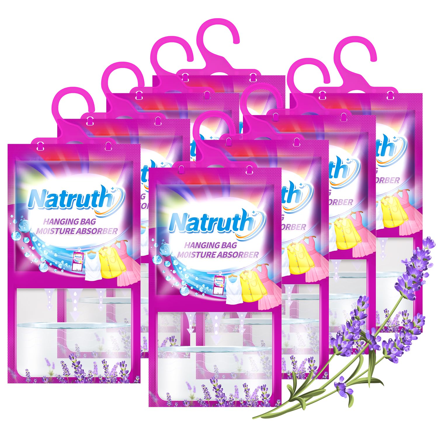 NATRUTH 8-Pack Lavender Moisture Absorber Bags - Dehumidifier & Odor Eliminator for Closet, Wardrobe, Kitchen & Bathroom | Hanging Desiccant Bags for Fresh & Dry Spaces | Perfect for Home, RV & Storage Areas