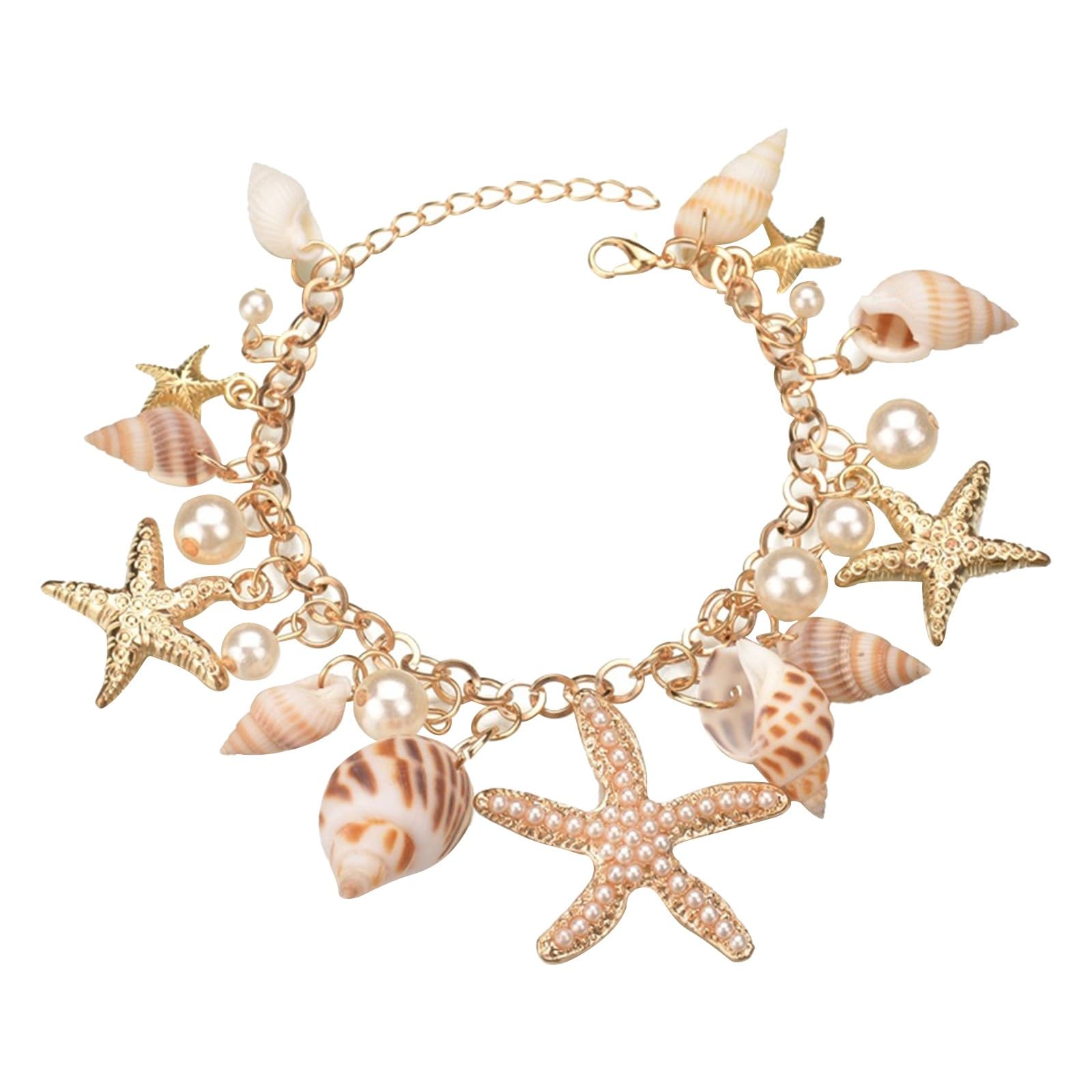 Beach Bracelets for Women - Seashell & Starfish Charm Bracelet Jewelry Set, Hawaiian Shell Anklet, Mermaid Costume Accessories for Girls - Perfect for Vacations, Beach Parties & Summer Outfits
