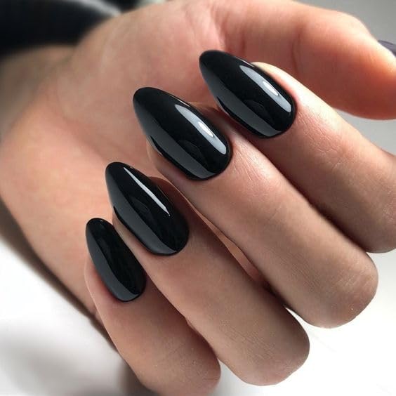 MouyouGlow Black Glossy Almond Press On Nails - Short Halloween Fake Nails with Nail Glue | Gothic Solid Color False Nails for Parties, Cosplay & Everyday Wear