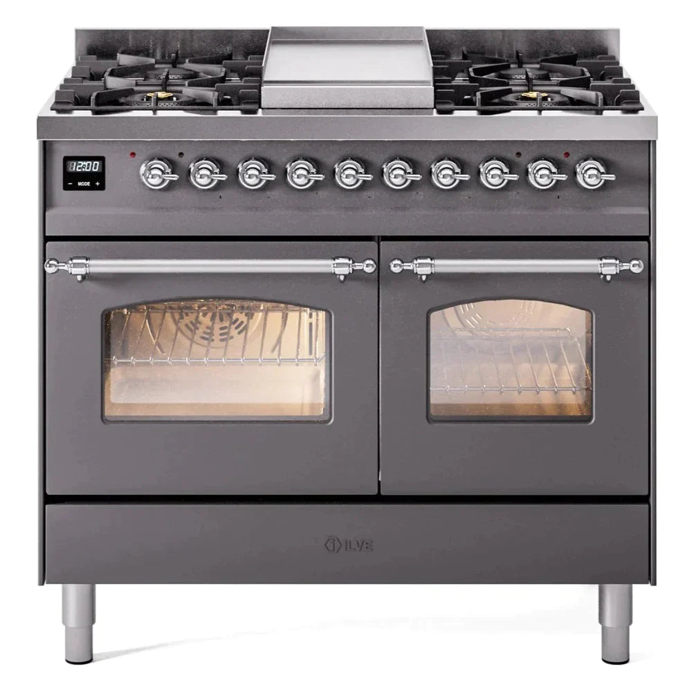 ILVE 40 Nostalgie II Series Freestanding Double Oven Dual Fuel Range - 6 Sealed Burners & Griddle - Professional Gas & Electric Range for Home Kitchen - Perfect for Baking, Roasting & Family Cooking (Model UPD40FNMP)