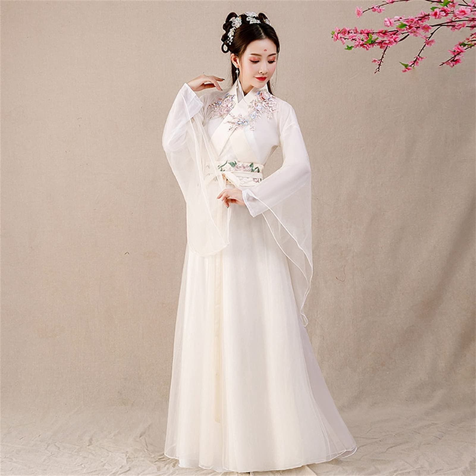 Elegant Traditional Hanfu Dress for Women - Embroidered Chinese Fairy Costume with Zipper - Princess Folk Dance Gown - Role Playing & Cosplay Outfit - White XX-Large - Perfect for Cultural Events, Themed Parties & Photo Shoots
