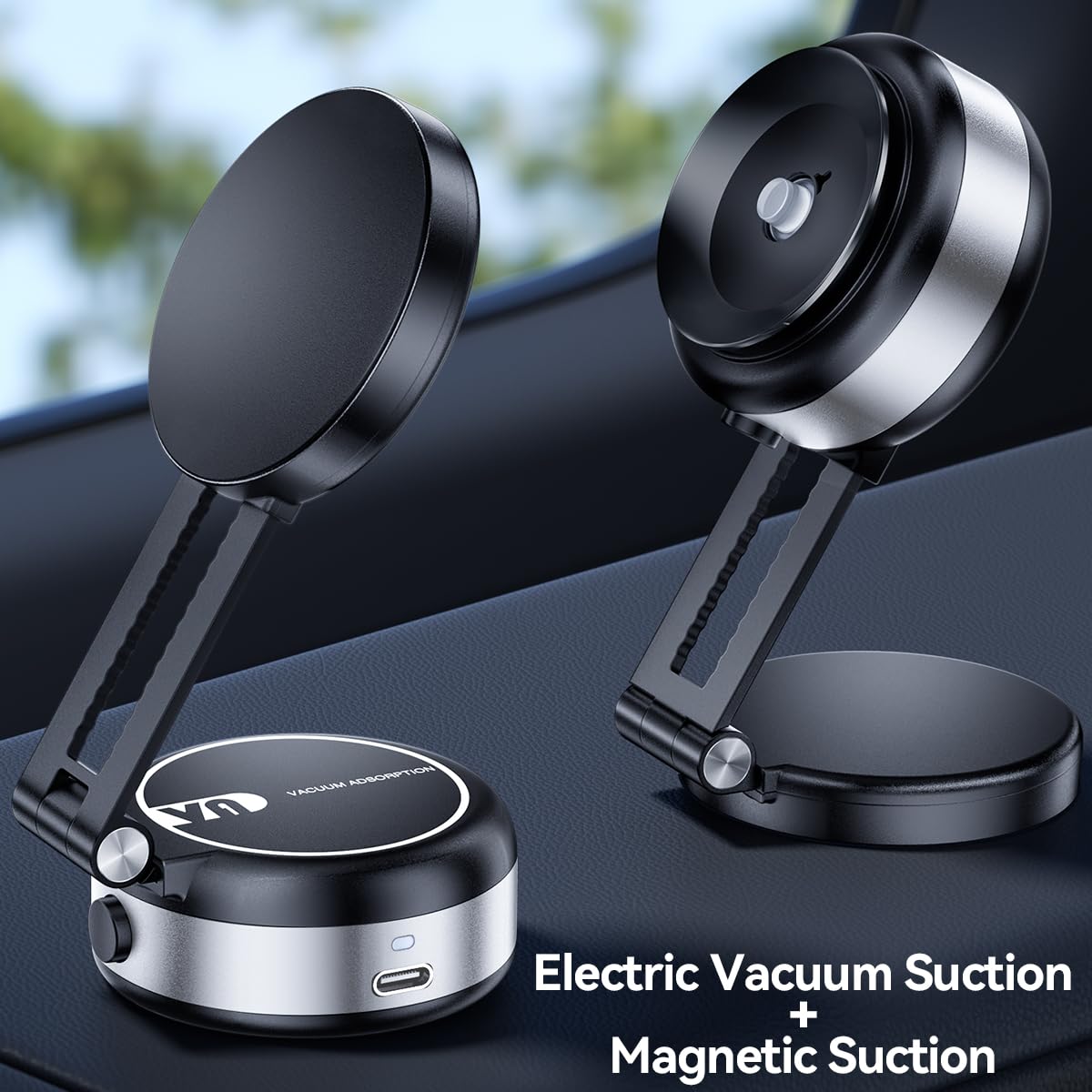 Vacuum Suction Magnetic Car Phone Holder - Strong Foldable Adjustable Car Mount for iPhone 12/13/14/15/16 - Works on Mirror, Glass, Dashboard & Smooth Non-Porous Surfaces (No Charging) - Perfect for Safe Hands-Free Driving & GPS Navigation