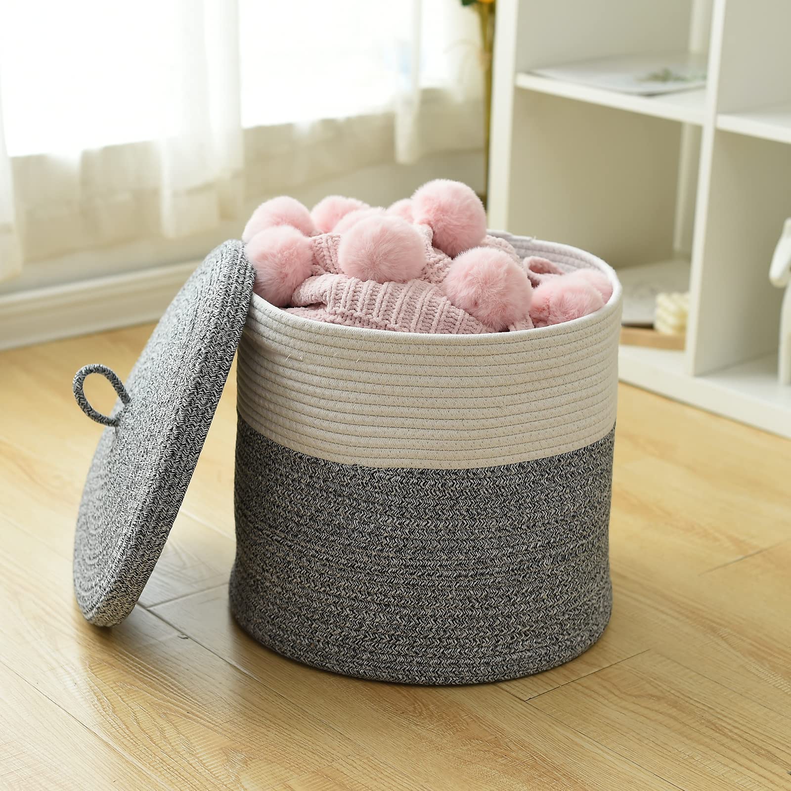 Large Woven Cotton Rope Storage Basket with Lid - Grey Round Laundry Hamper for Nursery, Living Room & Bedroom Organizers - 16
