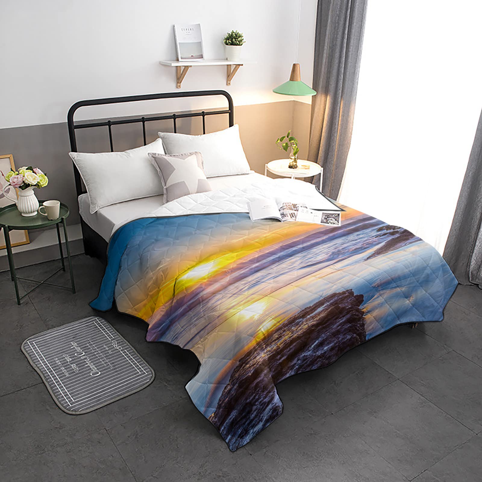 Premium Oversized Queen Size Cooling Comforter - Soft & Lightweight All-Season Down Alternative Duvet with Quilted Design | Ocean Beach Sunset Tropical Sea Pattern | Perfect for Hot Sleepers, Air Conditioning Rooms & Summer Nights