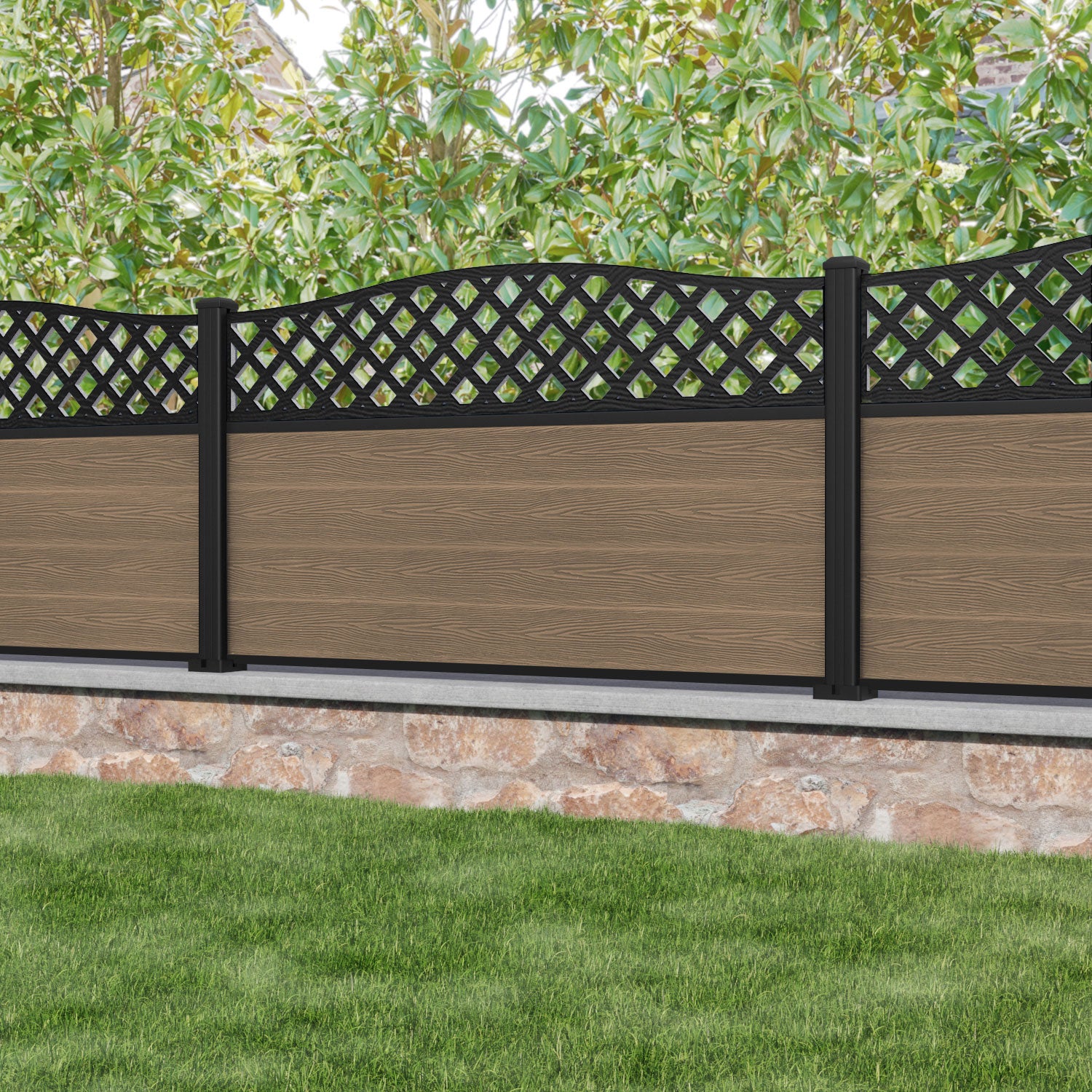 Classic Teak High Wave Fence Panel with Aluminum Posts - Durable Outdoor Privacy Fence for Garden, Pool, and Backyard Landscaping