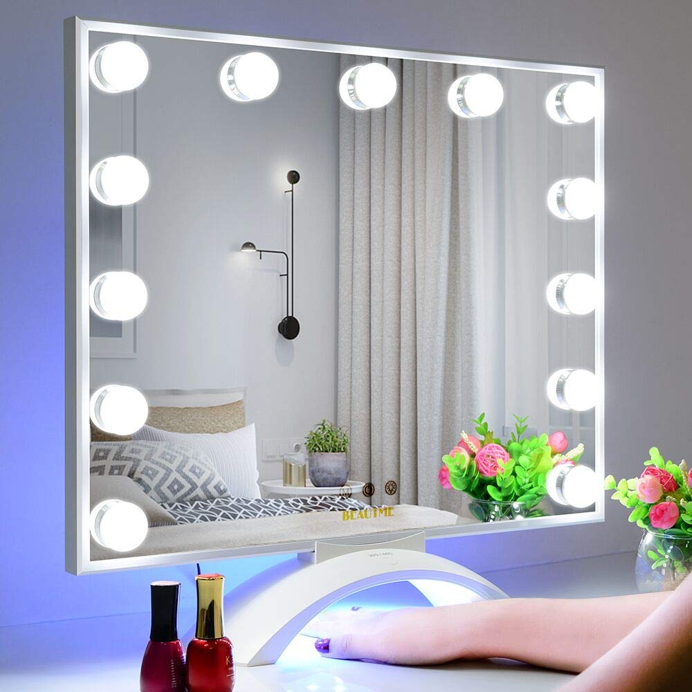 WONSTART Hollywood Vanity Mirror with Lights - 13 Dimmable LED Bulbs, 3 Light Colors, Touch Screen & Built-in Nail Lamp | Perfect for Makeup, Skincare & Nail Art in Bedroom, Bathroom or Dressing Room (White)