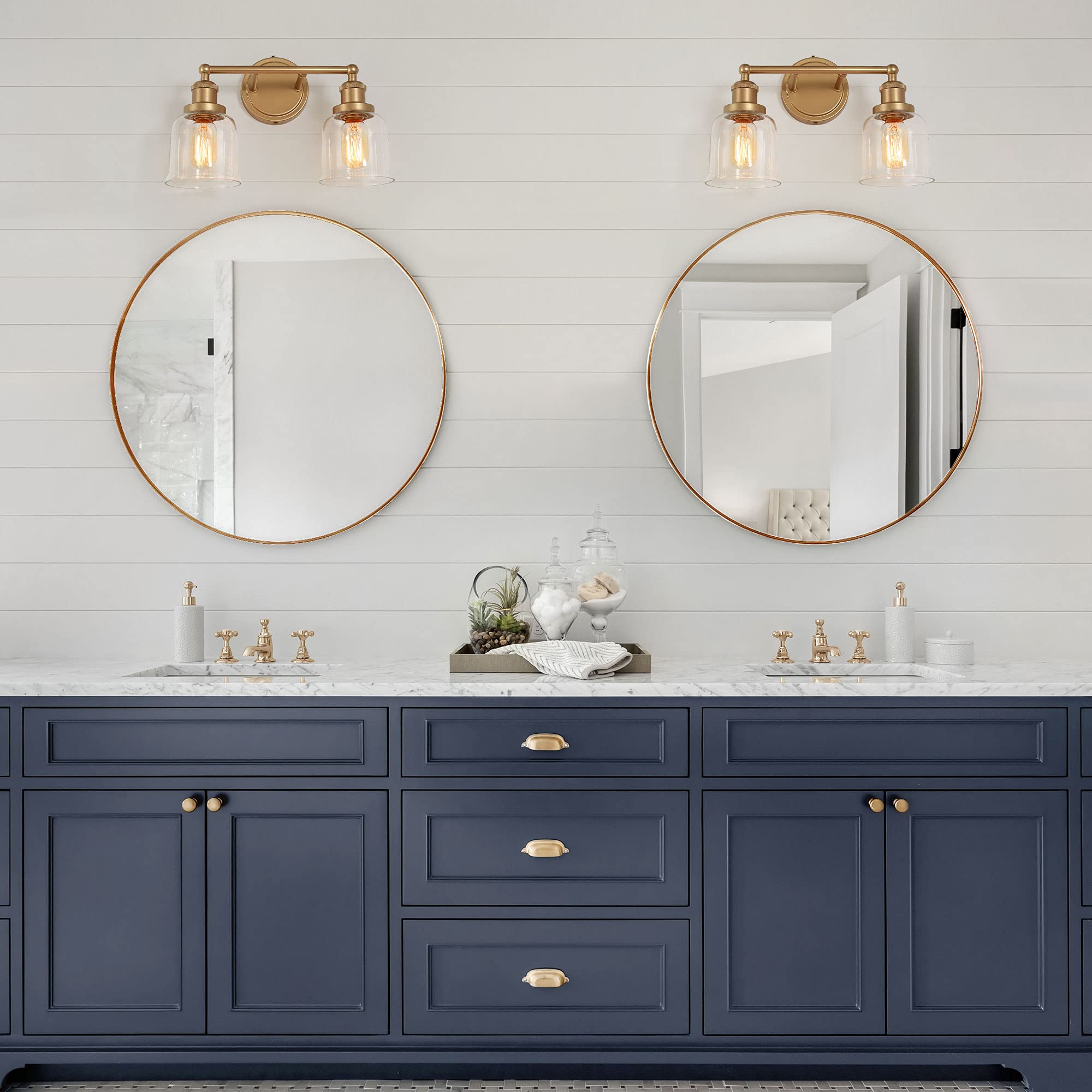 Modern Gold Vanity Light Fixture - 2 Light Bathroom Sconce with Clear Glass Shade, Elegant Gold Finish for Bathroom, Hallway, Bedroom & Living Room - 14.5