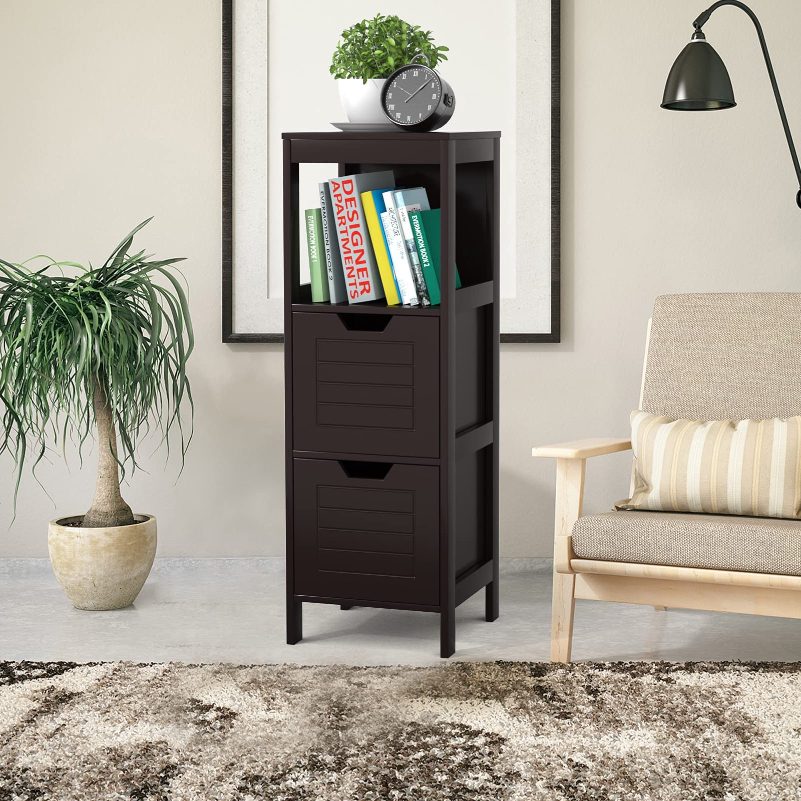Multifunctional Bathroom Floor Cabinet with 2 Adjustable Drawers & Anti-Tip Device - Espresso Storage Organizer for Bathroom, Entryway, Living Room & Bedroom - Perfect for Small Space Organization & Home Decor