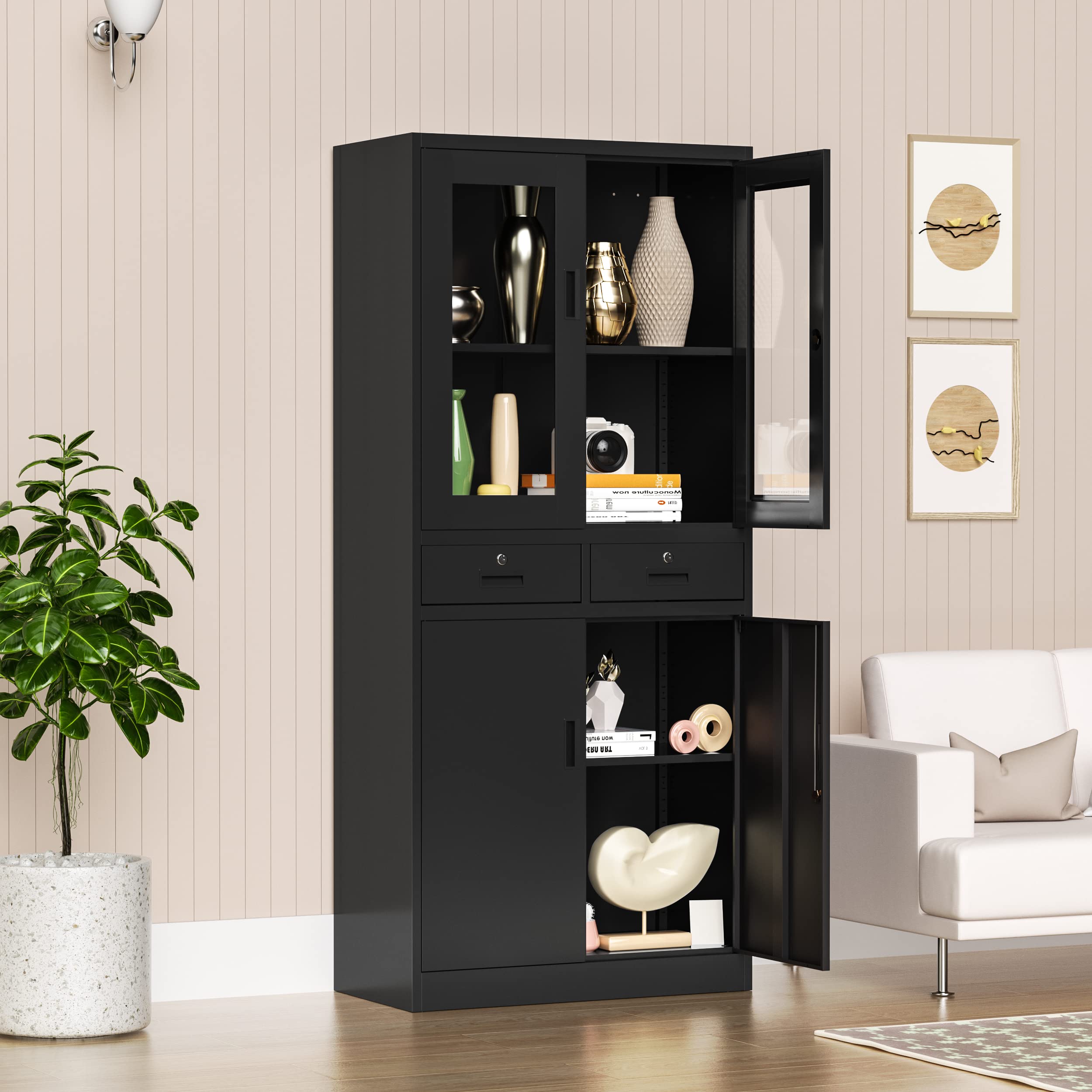 Black Glass Display Cabinet with Lockable Metal Drawers & 2 Adjustable Shelves - 71