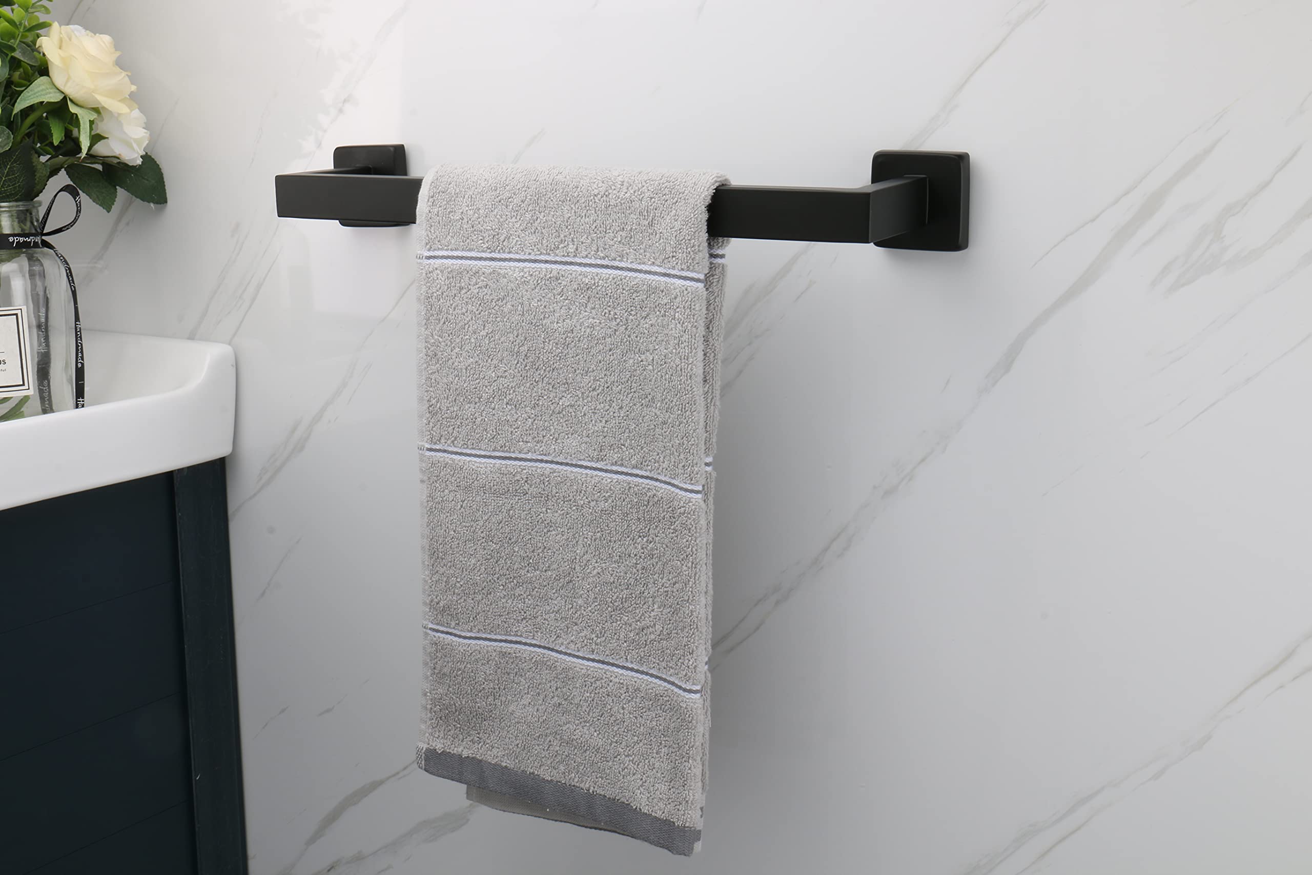 TocTen Stainless Steel Towel Rack - 16 Inch Heavy Duty Wall Mounted Bathroom Towel Bar with Square Base, Thick SUS304 for Bathroom Accessories - Perfect for Spa, Hotel, or Home Bathroom Organization (Black)