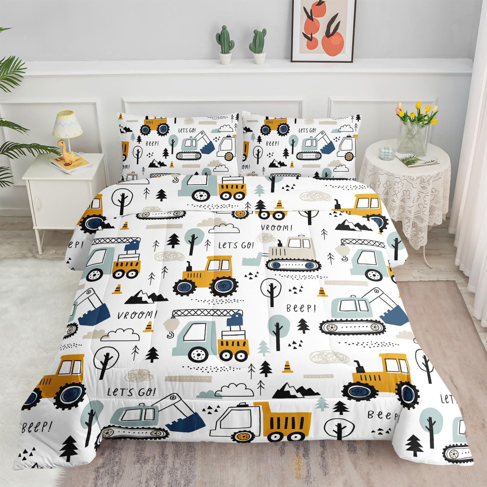 **Kids Construction Truck Bedding Set - Excavator & Bulldozer Themed Twin Comforter with 2 Pillowcases, Fun Cartoon Design for Boys & Girls - Perfect for Themed Bedrooms, Playrooms & Gift Giving**