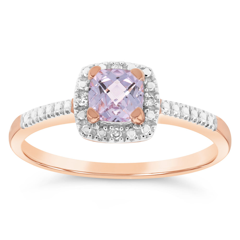 9ct Rose Gold Created Morganite & Diamond Cushion Ring - Elegant Engagement, Wedding, Anniversary Jewelry Gift for Her