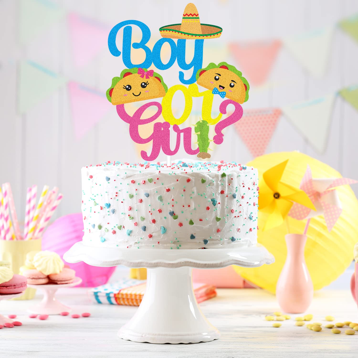 Fiesta Taco Gender Reveal Cake Topper - Glitter Cute Baby Boy or Girl Birthday Party Decoration - Pink & Blue Baby Shower Supplies for Gender Reveal Parties, Birthdays & Celebrations