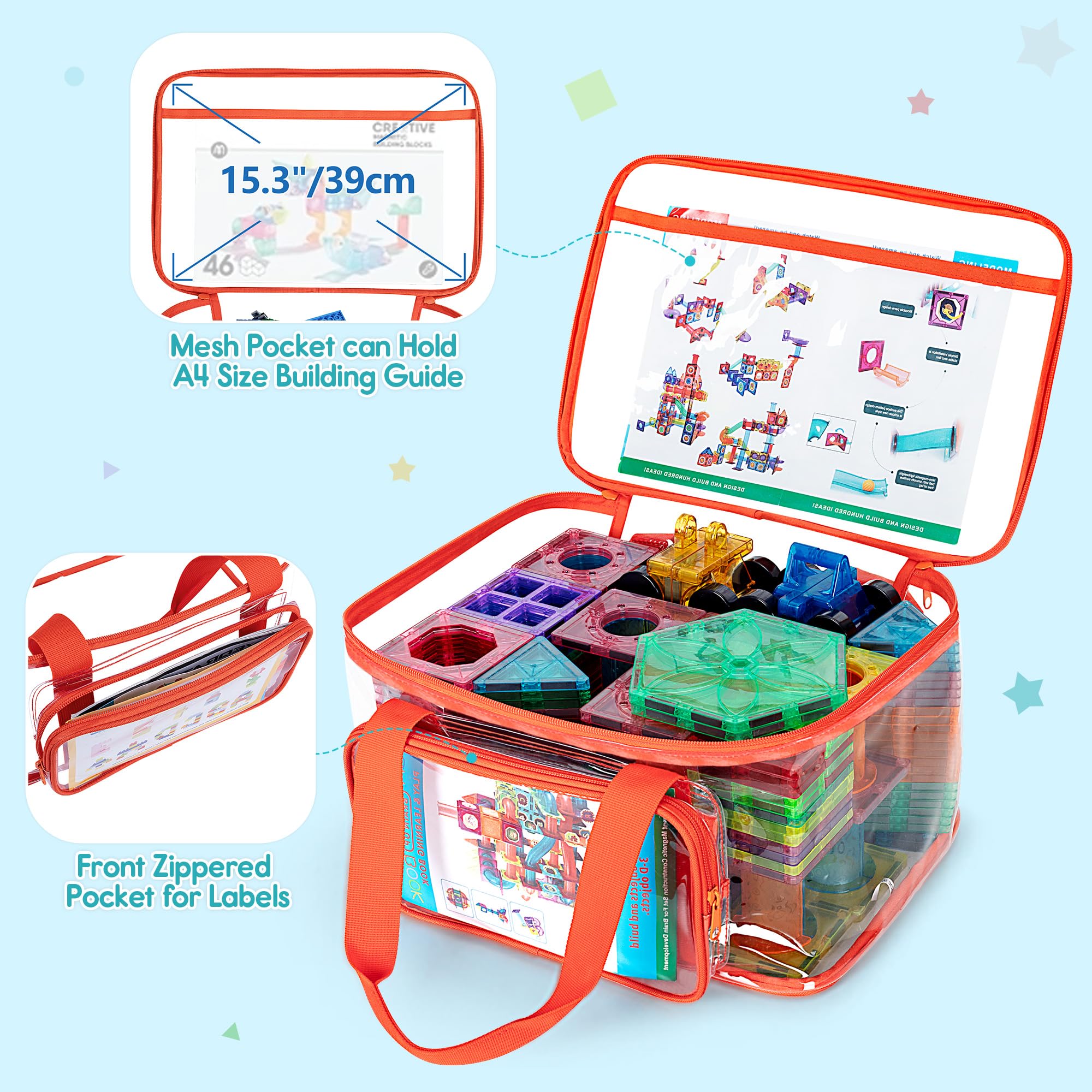 4PCS Magnetic Building Tiles Storage Bags - Clear PVC Toy Organizer for Magnetic Blocks, Board Games & Travel | Durable Carry Case for Kids Toys, STEM Learning & Home Organization