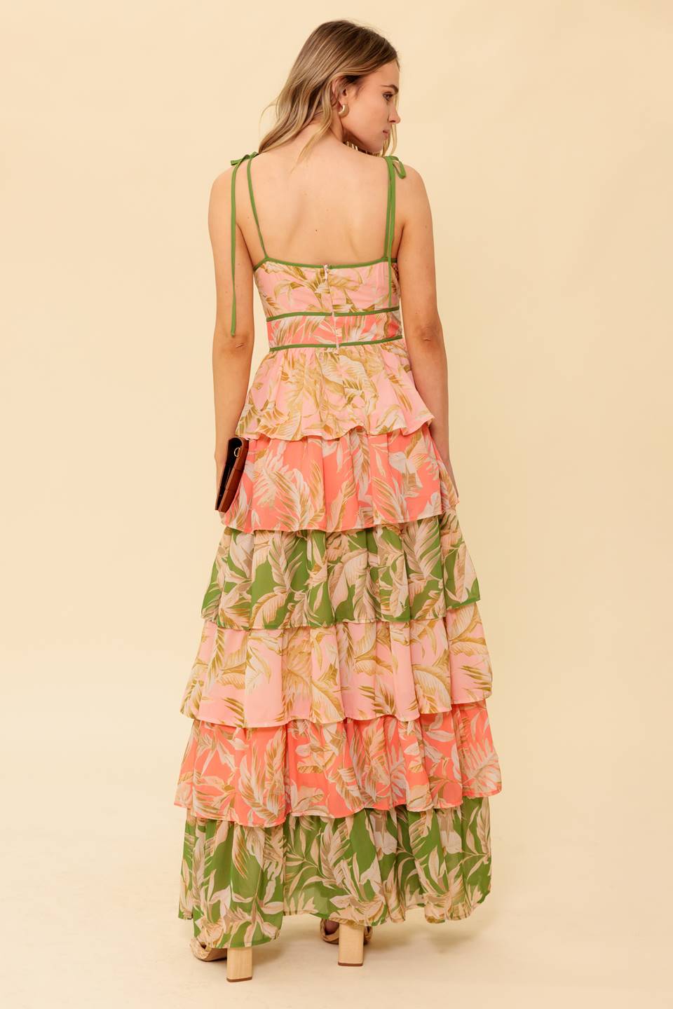 FEELS LIKE HOME TIERED MAXI DRESS in Peach & Green - Perfect for Summer Vacations, Beach Weddings & Boho Chic Outfits
