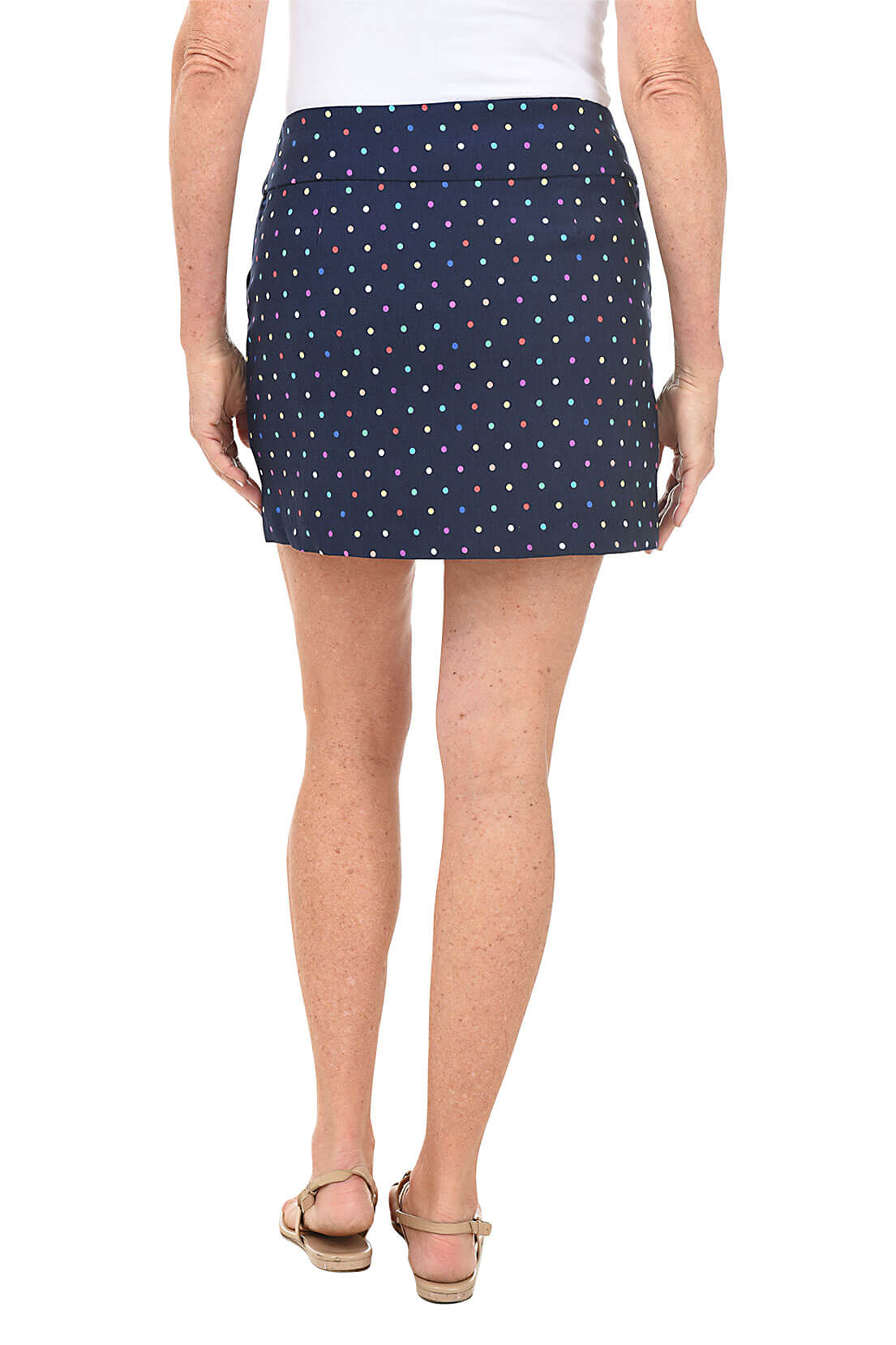 Navy Rainbow Dots Pull On Skort for Women - Comfortable Stretchy Tennis Skirt with Shorts - Perfect for Running, Yoga, and Casual Wear