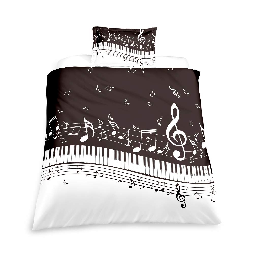 Suncloris Black Piano Keyboard Music Note Duvet Cover Set with Clef Staff Design - Twin Size Kids Bedding (1 Duvet Cover + 1 Pillowcase) - Perfect for Music Lovers' Bedrooms & Themed Nursery Decor