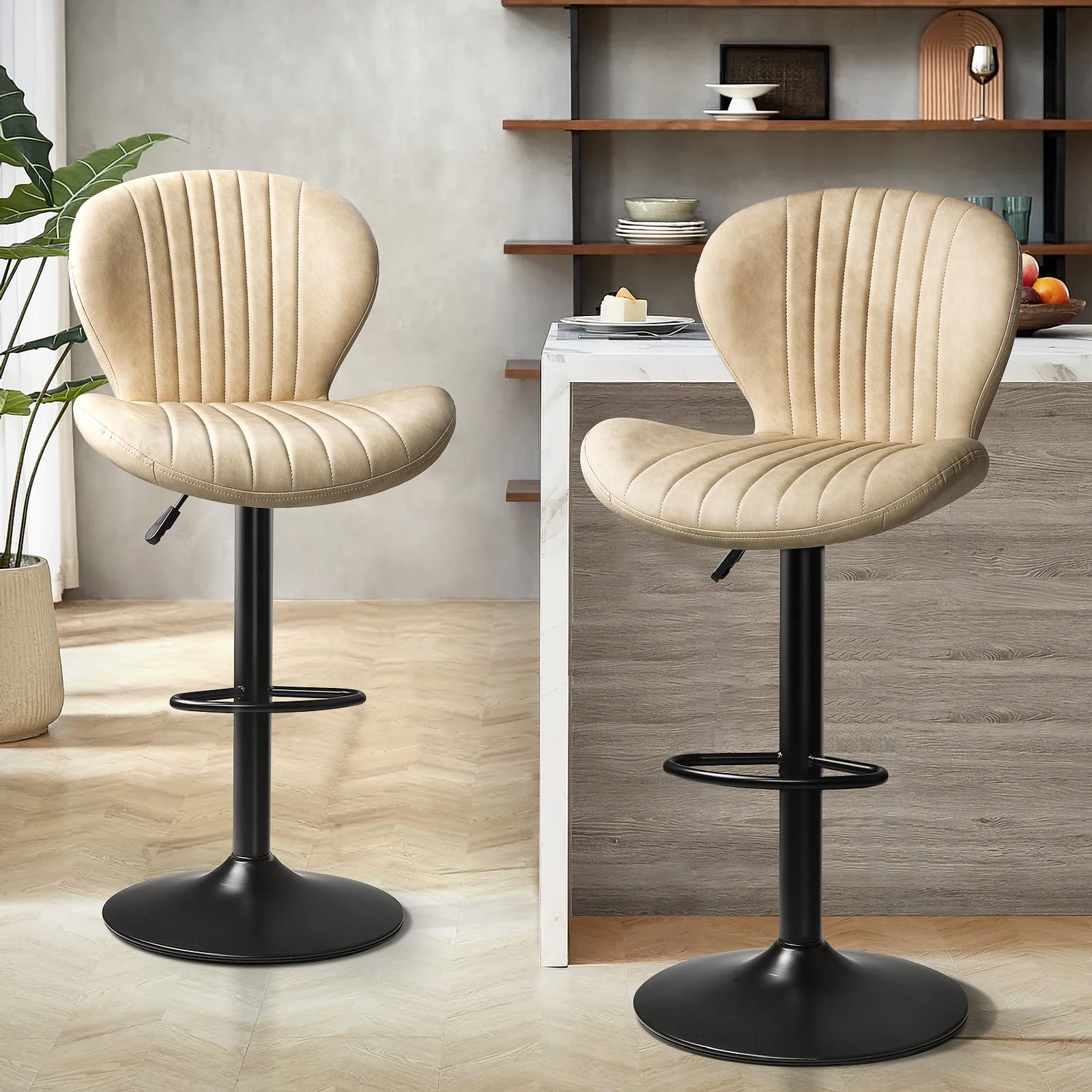 PUKAMI 2-Pack Adjustable Swivel Bar Stools with Backrest & Footrest - Modern Faux Leather Counter Height Bar Chairs for Kitchen, Dining Room, Home Bar - Comfortable & Stylish Seating for Entertaining (Beige)