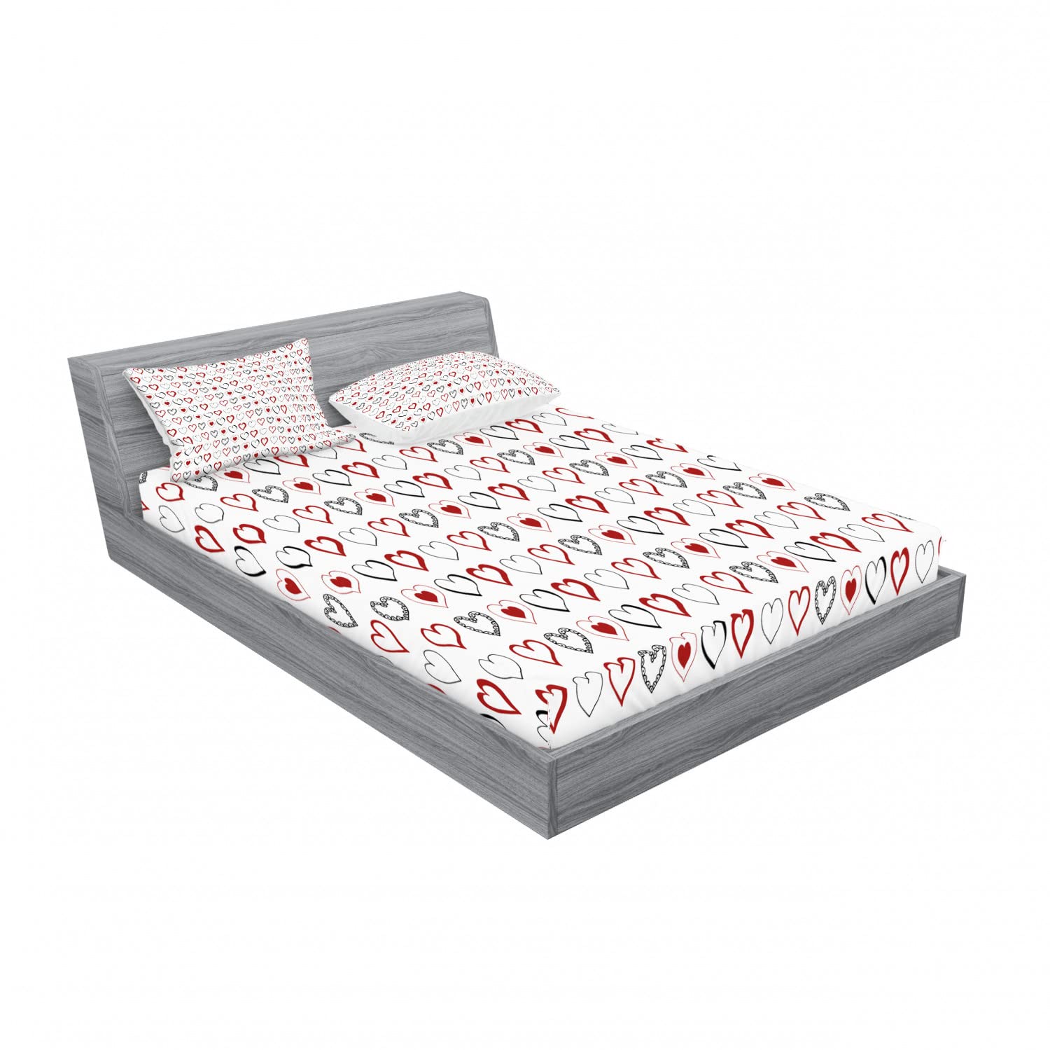 Ambesonne 2-Pack Queen Size Fitted Sheet & Pillow Sham Set - Doodle Hipster Romance Design, 4-Piece Bedding Set (2 Fitted Sheets + 4 Pillow Covers) in Ruby Black White - Perfect for Guest Rooms, Dorm Decor & Bohemian Style Bedrooms