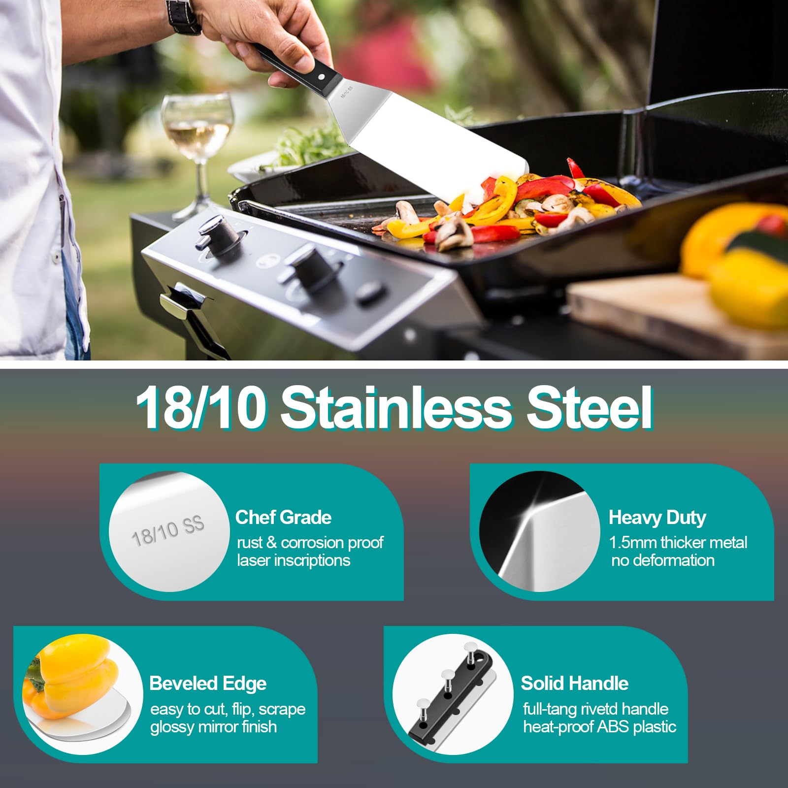 **HaSteeL 25-Piece Griddle Accessories Kit - 18/10 Stainless Steel Flat Top Grill Set with Metal Spatula & Basting Cover - Rust-Free & Dishwasher Safe for Outdoor, Indoor, Teppanyaki, BBQ, Camping & Backyard Cooking**    *(Perfect for Grilling, Searing, Flipping Burgers, Pancakes & Stir-Fry at Home, Tailgates or Picnics!)*