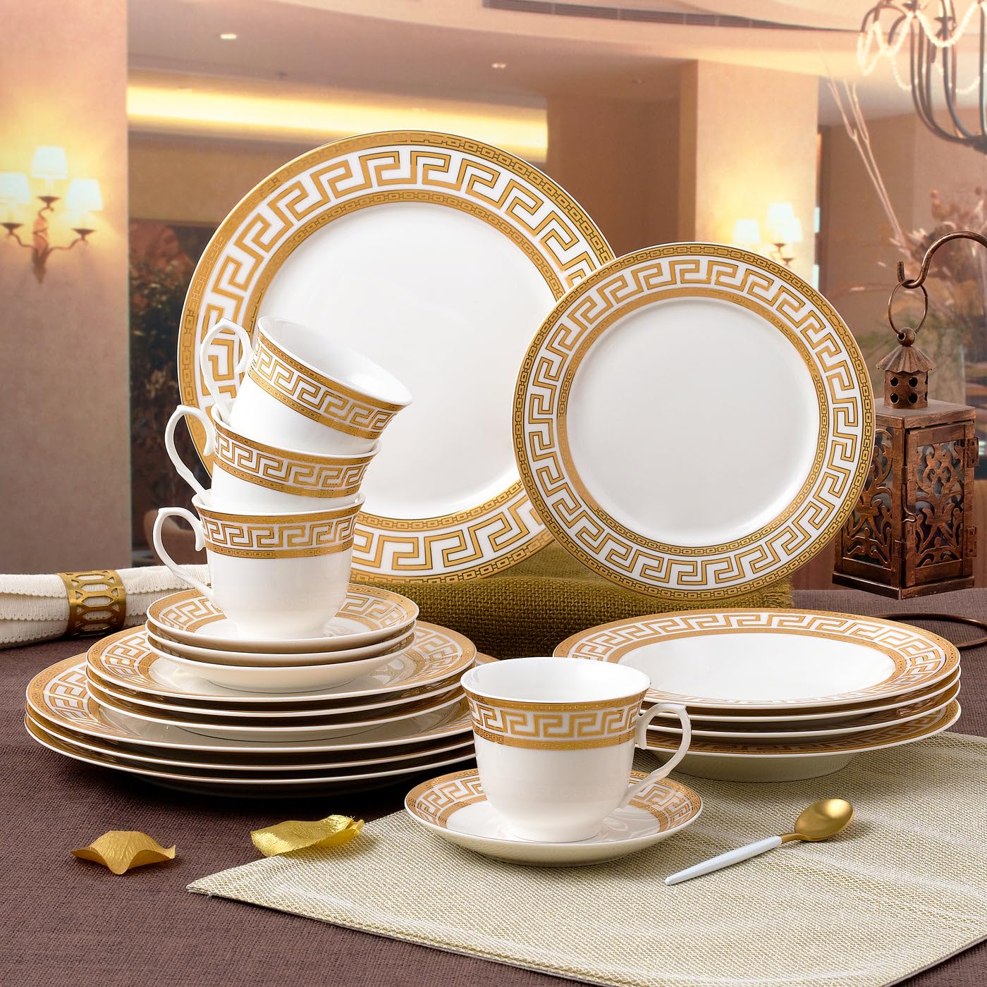 Vintage Gold 20-Piece Greek Key Dinnerware Set - Elegant Fine China Tableware Service for 4, Perfect for Formal Dining, Holiday Entertaining & Wedding Registry