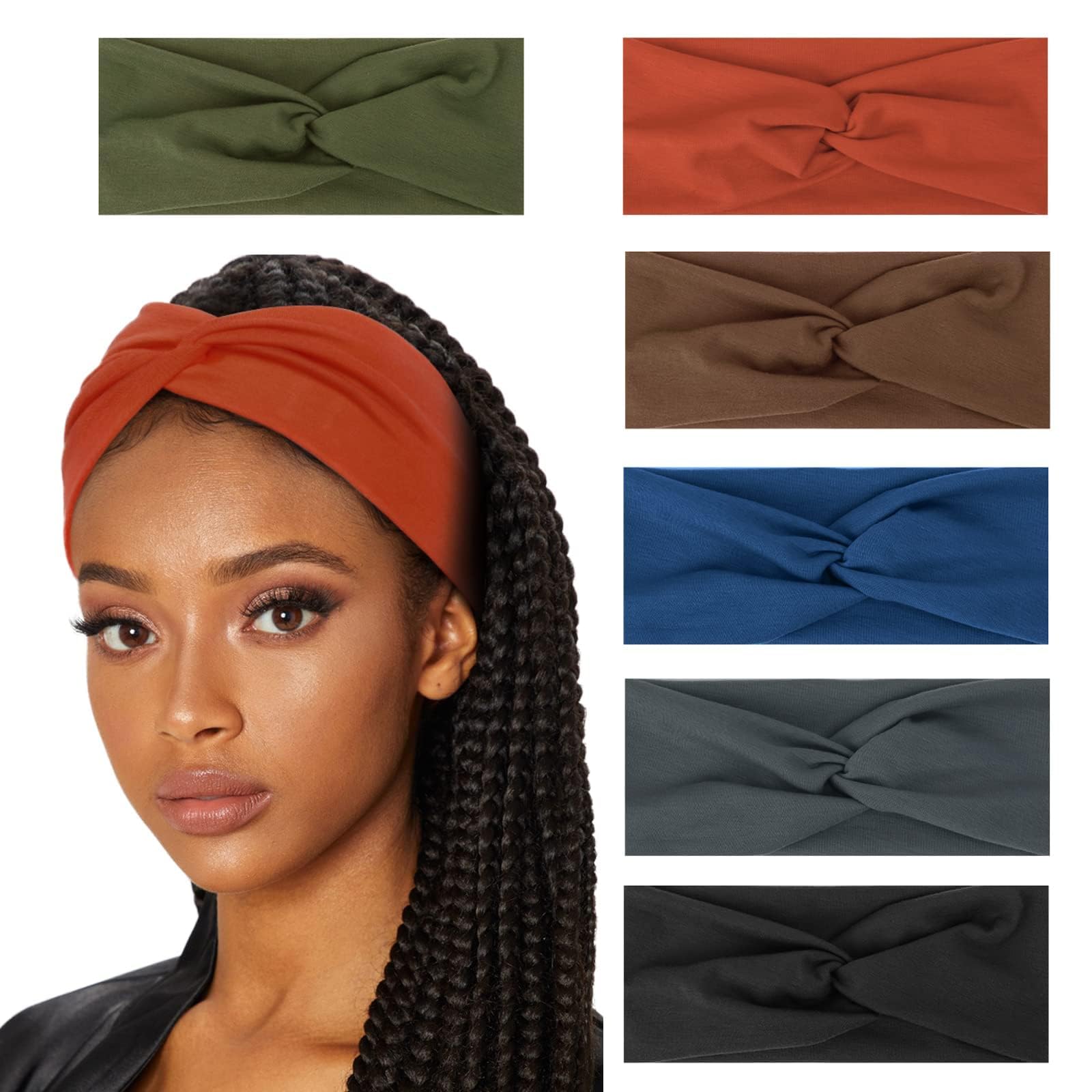 Huachi Non-Slip Wide Headbands for Women - 6 Pack Fashion Turban Headwraps, Workout & Yoga Hair Accessories - Perfect for Sports, Gym, Running and Daily Wear