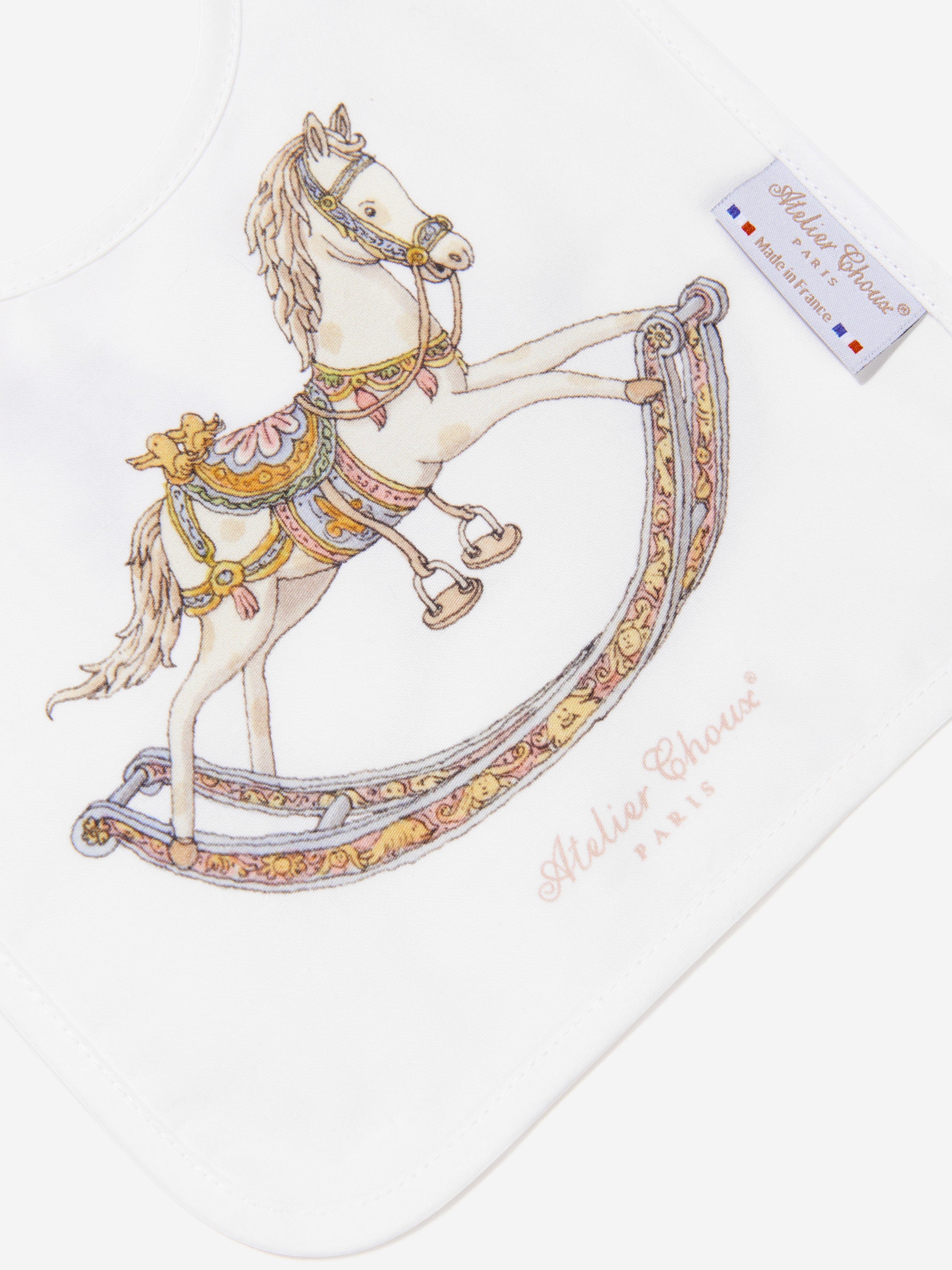 Atelier Choux White Satin Baby Rocking Horse Bib - Soft & Absorbent for Feeding, Playtime & Photo Shoots