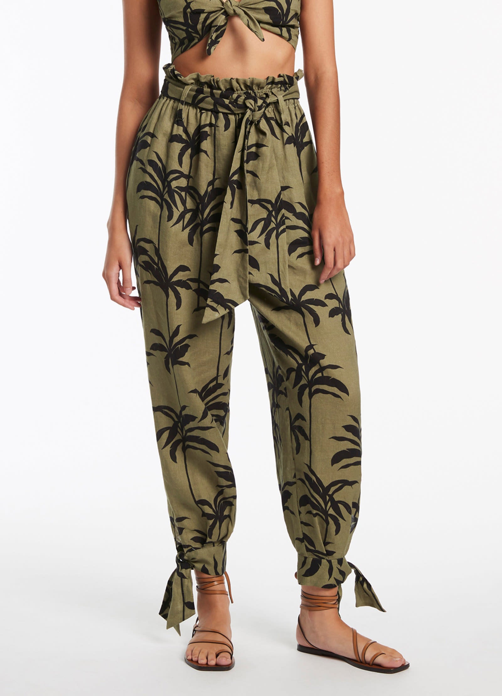 Premium Olive Green Tie Cuff Pants for Women - Comfortable High-Waisted Wide Leg Trousers - Perfect for Office Wear, Business Casual & Evening Outfits