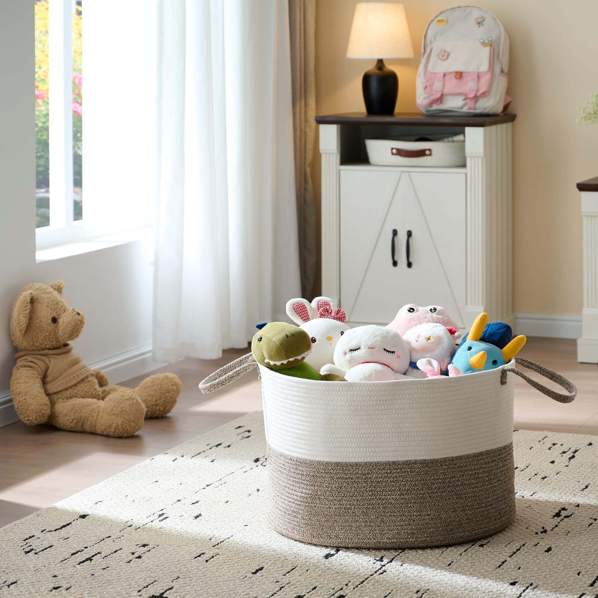 VERSAINSECT Extra Large Cotton Rope Storage Basket with Leather Handles - 22x22x14 Inch Nursery Organizer, Laundry Hamper for Toys, Blankets & Pillows - Dark Grey Home Decor for Bedroom, Playroom & Nursery Organization