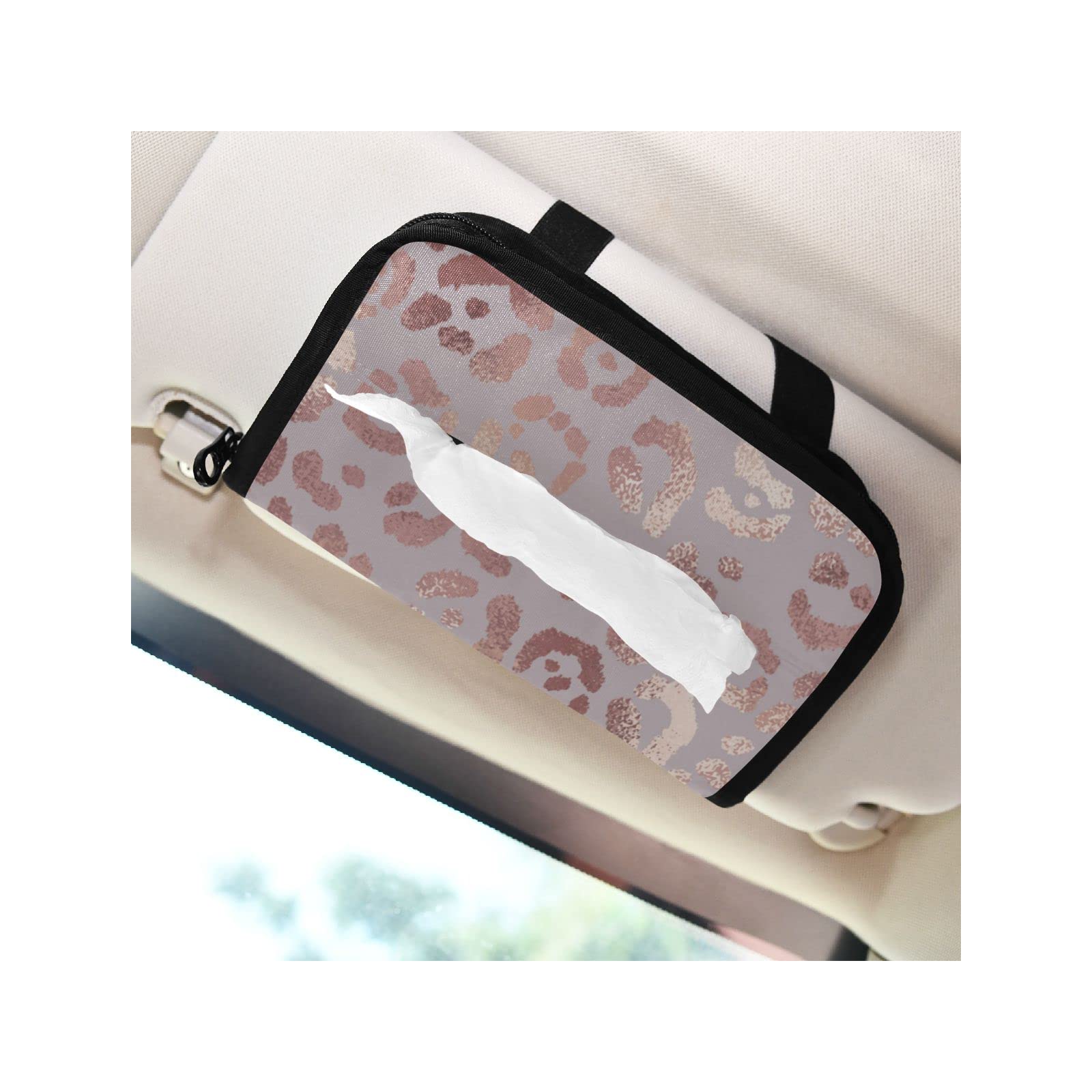 Rose Gold Leopard Print Car Tissue Holder - Adjustable Sun Visor Napkin Dispenser with Zipper for Front Seat & Backseat | Car Accessories for Travel, Commuting & Road Trips