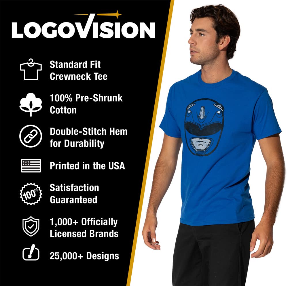 Official Power Rangers Blue Ranger Mask T-Shirt for Men - Short Sleeve Licensed Cotton Tee - Perfect for Cosplay, Comic Con & Superhero Fans