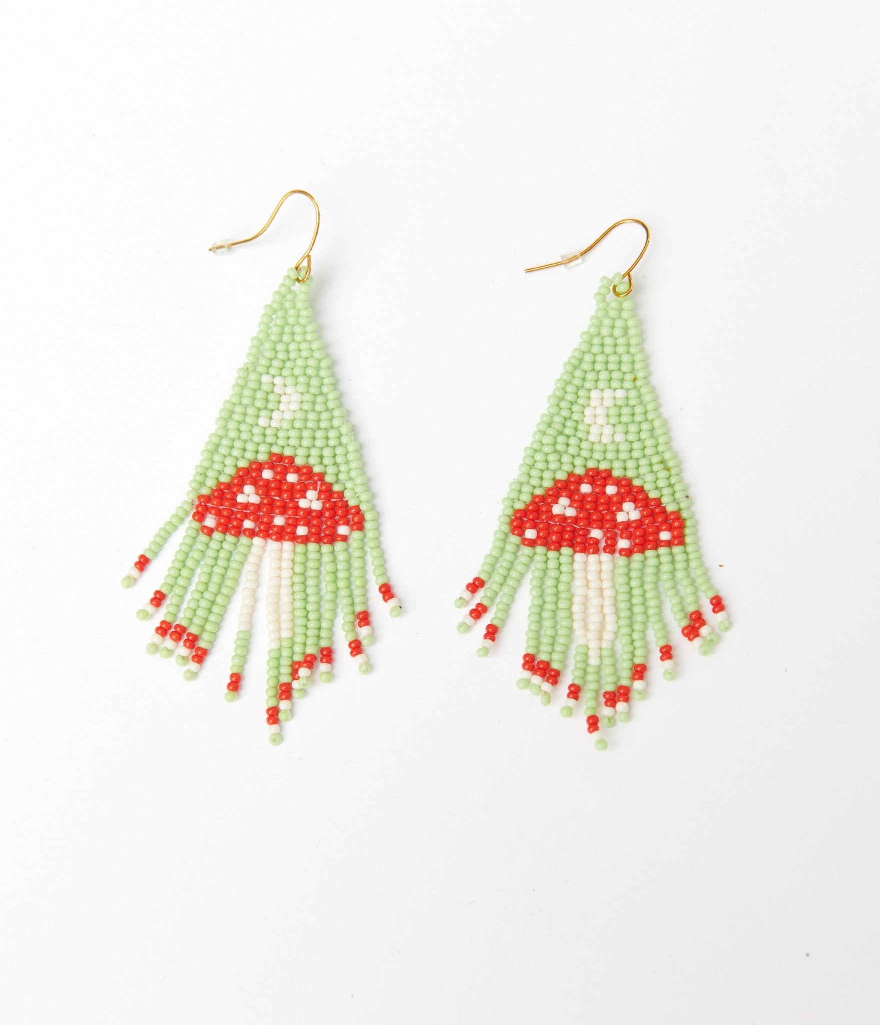 Handmade Mint Green & Red Mushroom Beaded Dangle Earrings for Women - Boho Chic Jewelry for Festival, Party & Everyday Wear