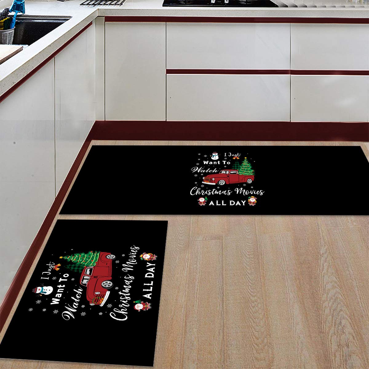 Santa Claus Christmas Kitchen Mat Set - 2 Pack Absorbent Felt Rugs for Kitchen, Office & Hallway Decor (19.7x31.5in + 19.7x63in) - Red Truck & Snowman Holiday Design - Perfect for Sink Areas, Entryways & Festive Home Decor