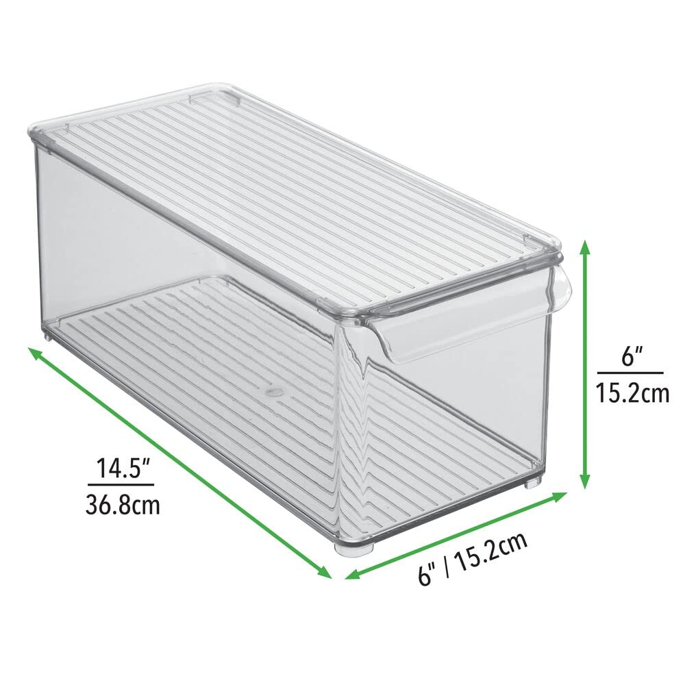 mDesign Plastic Stackable Kitchen Pantry Cabinet Organizer - Clear/Smoke Gray Food Storage Bins with Handle & Lid - 2 Pack for Refrigerator, Freezer - Perfect for Fruits, Yogurt, Snacks, Pasta - Ideal for Pantry Organization & Meal Prep