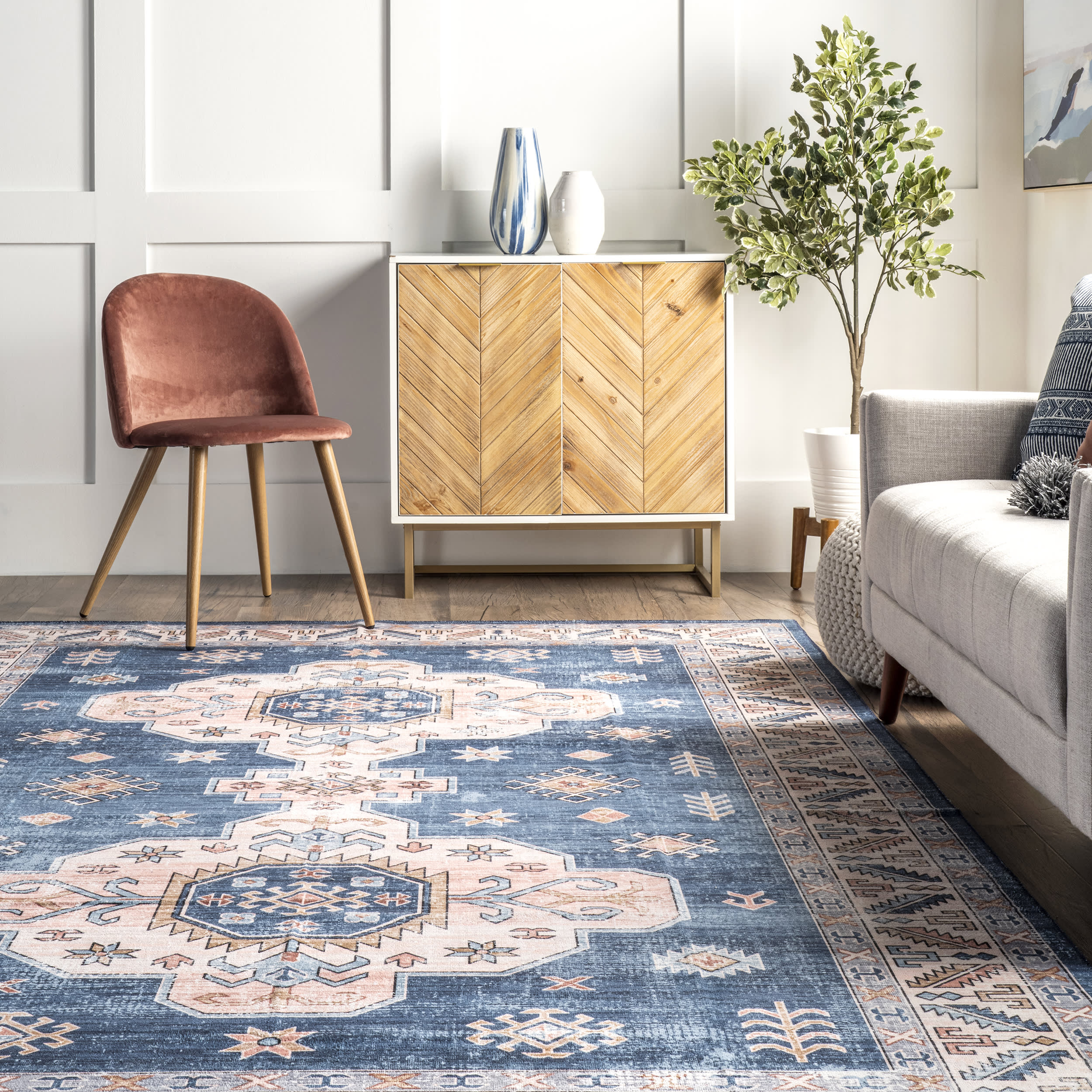 Eboni Traditional Washable Rug - Blue | Non-Slip Soft Area Rug for Living Room, Bedroom & Dining Room