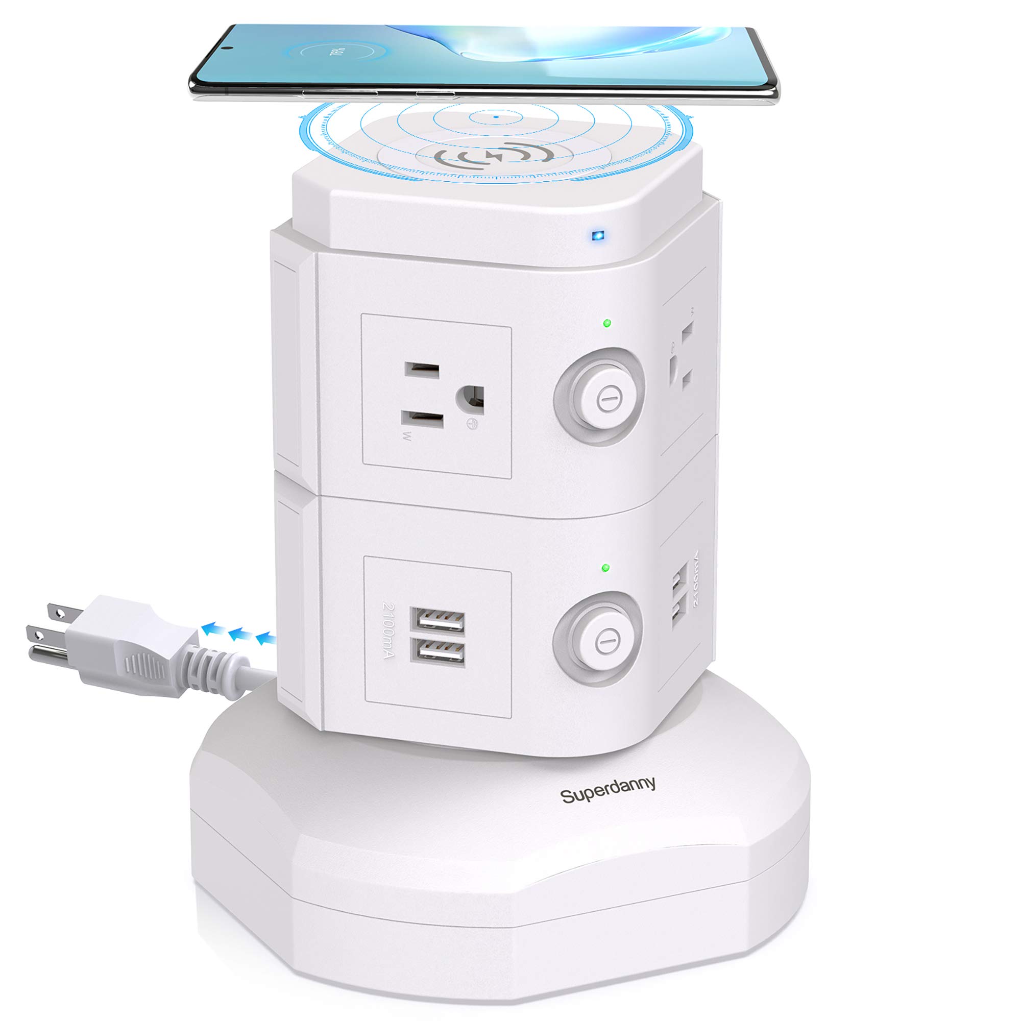 SUPERDANNY Power Strip Tower with 10W Wireless Charger - 6.5Ft Retractable Extension Cord, 900J Surge Protector, 6 AC Outlets & 4 USB Ports - Spin Standing Charging Station for Home, Office, Garage (White) | Perfect for Charging Multiple Devices Simultaneously