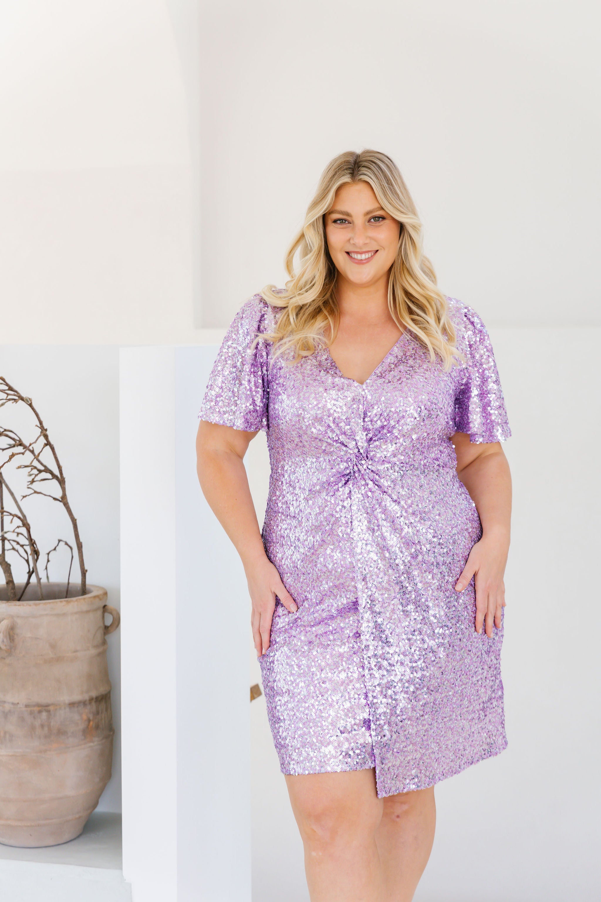 Esmerelda Sequin Twist Dress in Lilac - Elegant Evening Gown for Parties, Weddings & Special Occasions