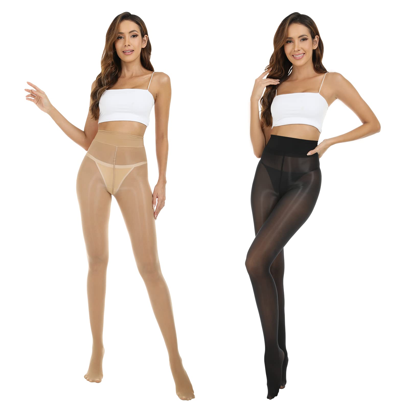 MANZI 2 Pairs Women's Shiny Sheer Tights - High Waist Silk Comfort Stockings, Oil Shimmery Nylons Pantyhose for Everyday Wear, Office, Party & Special Occasions