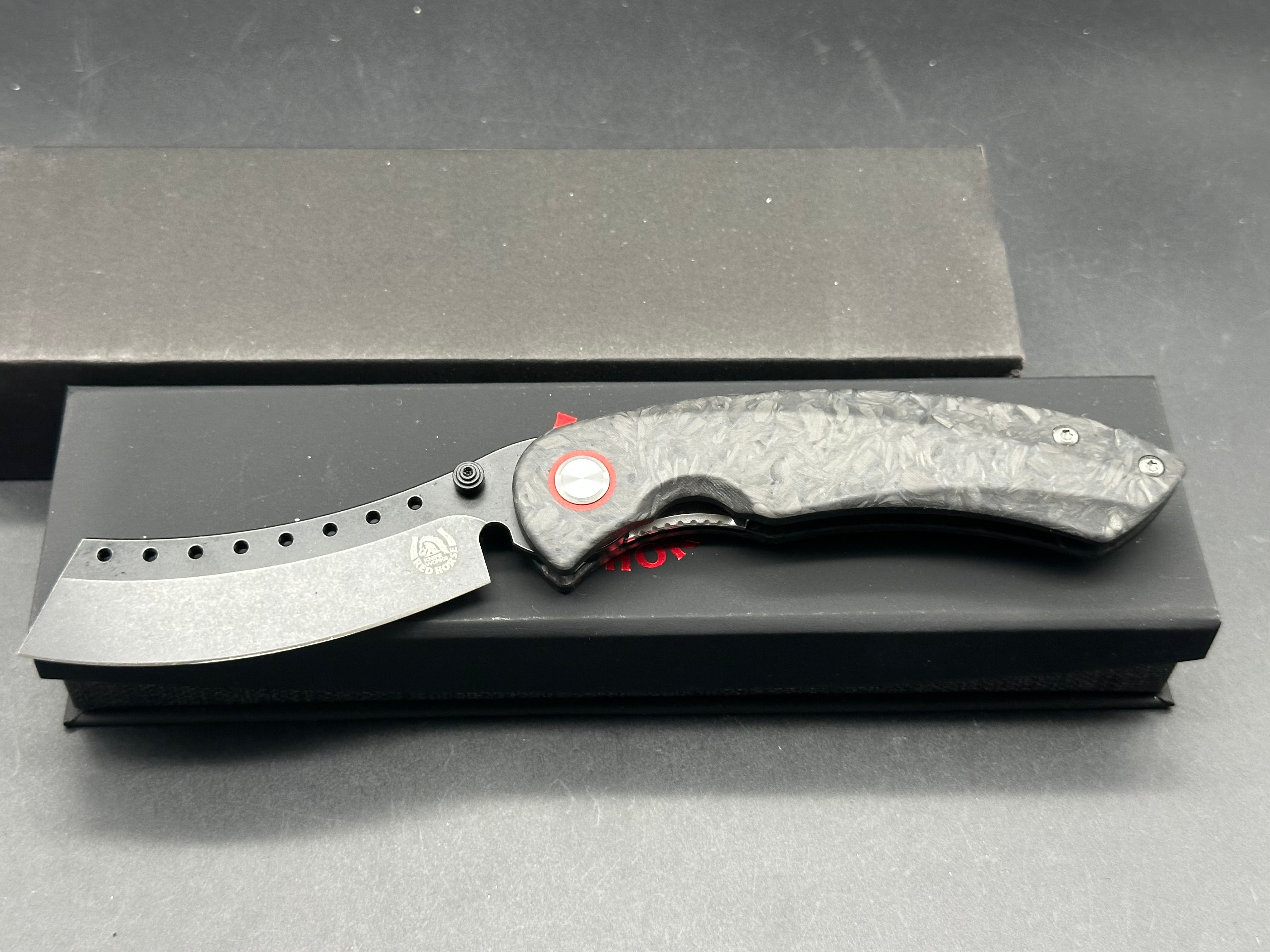 Premium Red Horse Hell Razor Pocket Knife - S35VN PVD Coated Blade with Marble Carbon Fiber Handle - EDC, Outdoor Survival, Camping & Tactical Gear