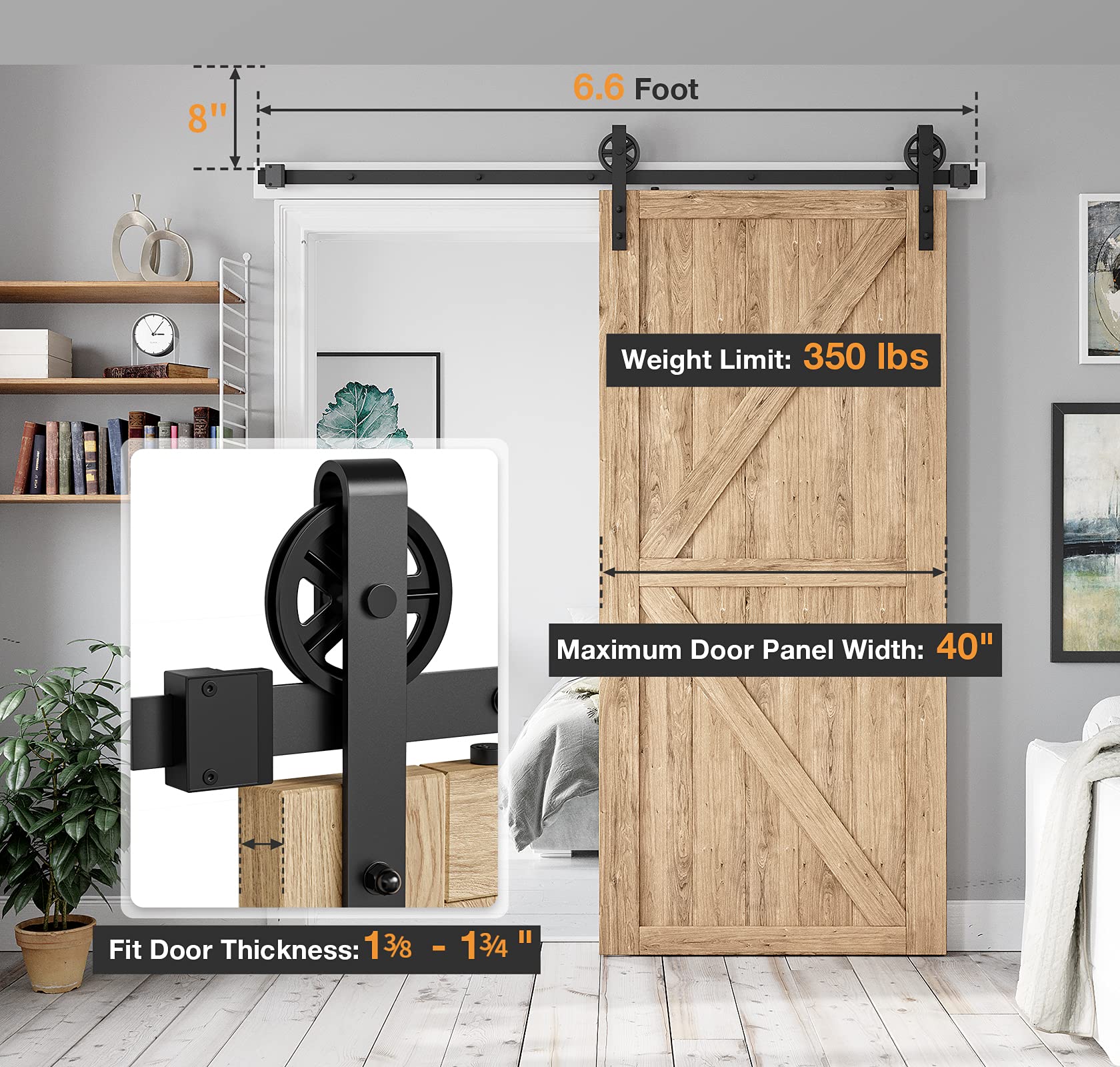 Heavy Duty 6.6FT Sliding Barn Door Hardware Kit - Industrial Big Wheel J Hangers for Wood Single Doors (Fits 1 3/8