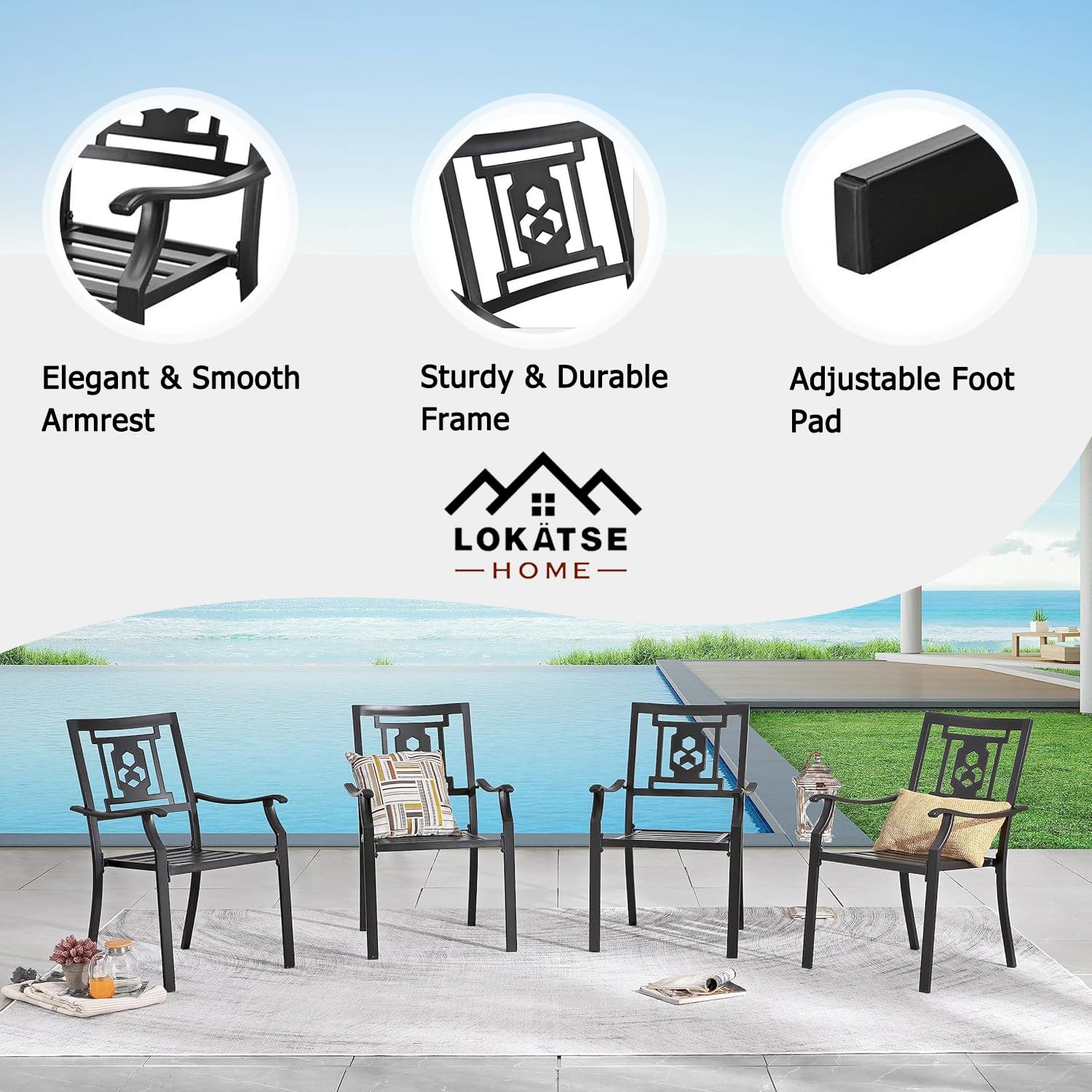 LOKATSE HOME 4-Piece Outdoor Patio Dining Chairs Set - Weather-Resistant Metal Frame Armchairs for Garden, Deck, Poolside & Backyard Decor - Comfortable Outdoor Furniture for Dining & Relaxing