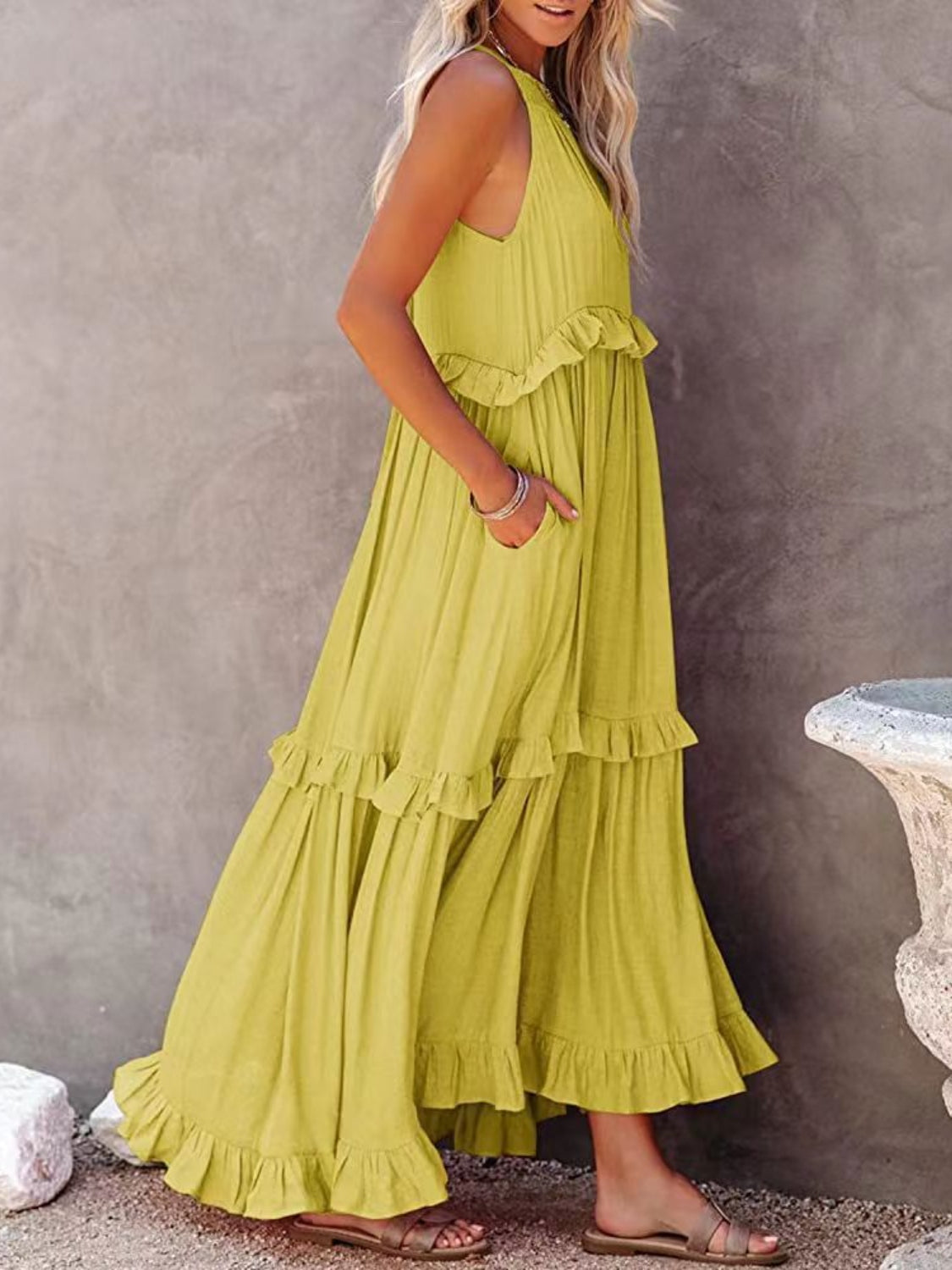 Elegant Ruffled Resort Maxi Dress with Pockets - Women's Summer Beach Cover Up Dress for Vacation, Pool Party & Tropical Getaway