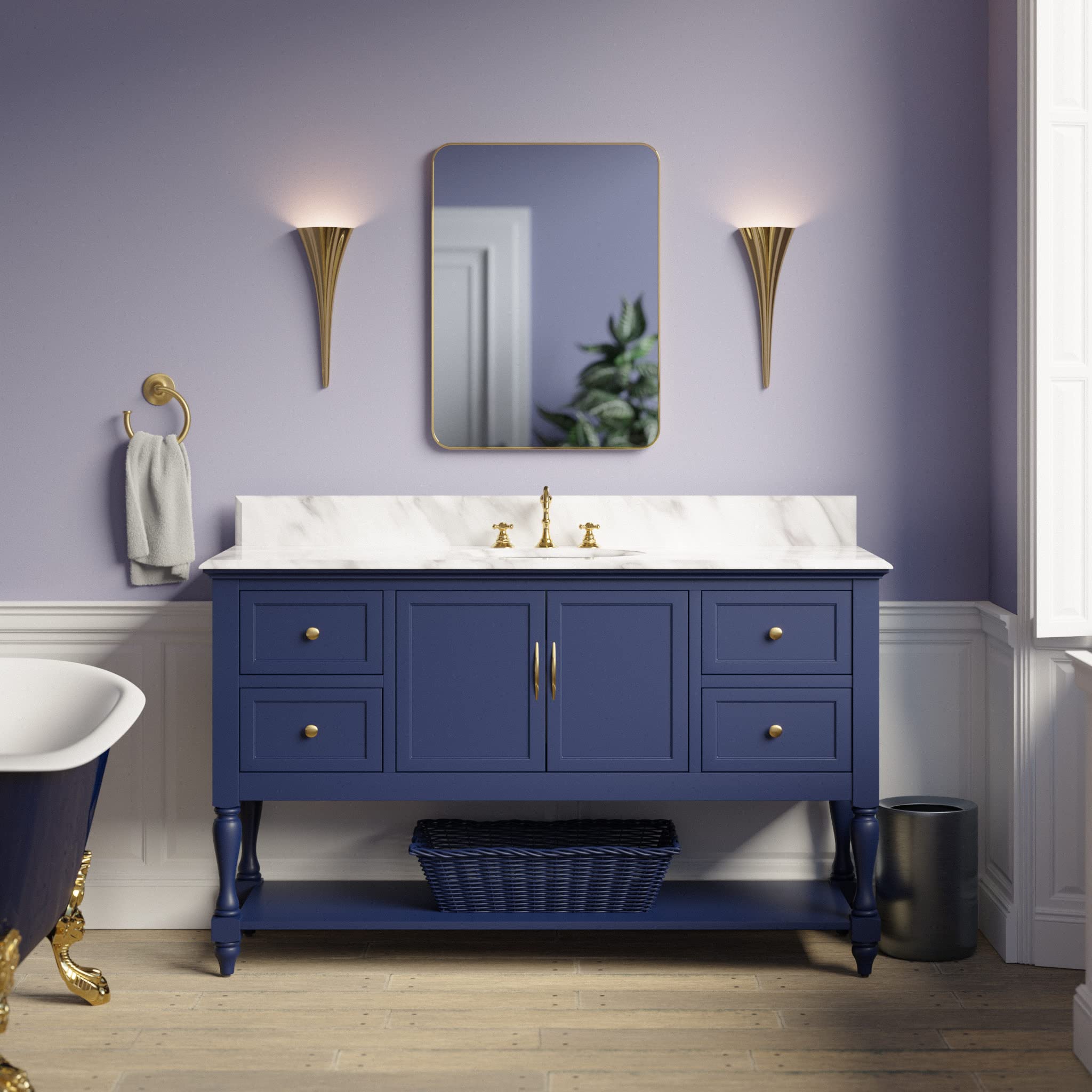 Beverly 60-inch Single Bathroom Vanity with Carrara Marble Top & Royal Blue Cabinet - White Ceramic Sink Included | Modern Bathroom Furniture for Master Bath, Guest Bath & Powder Room | Durable Italian Marble Countertop & Spacious Storage