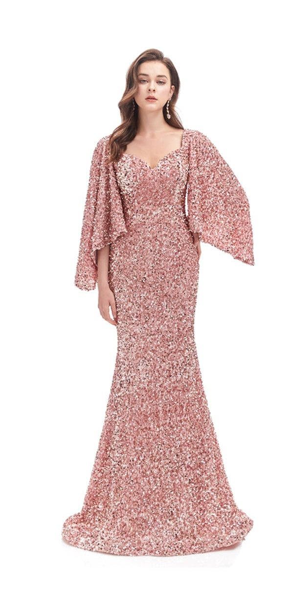 Elegant Dusty Rose Mermaid 3/4 Sleeves Prom Dress for Women - Formal Evening Party Gown with Flowy Skirt (Style 12768) | Perfect for Homecoming, Quinceañera & Special Occasions
