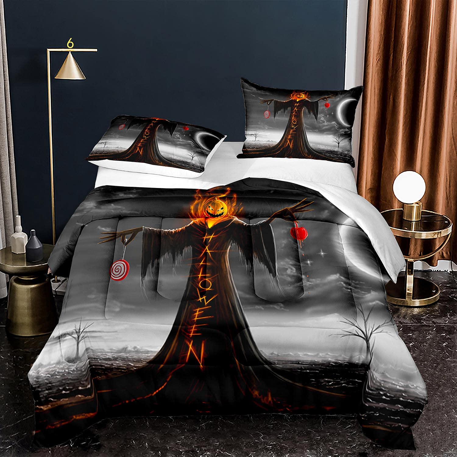 Halloween Comforter Set Twin Size 2 Piece - Pumpkin Scarecrow Gray Bedding Set (1 Comforter + 1 Pillow Sham) for Spooky Seasonal Decor & Cozy Fall Bedroom