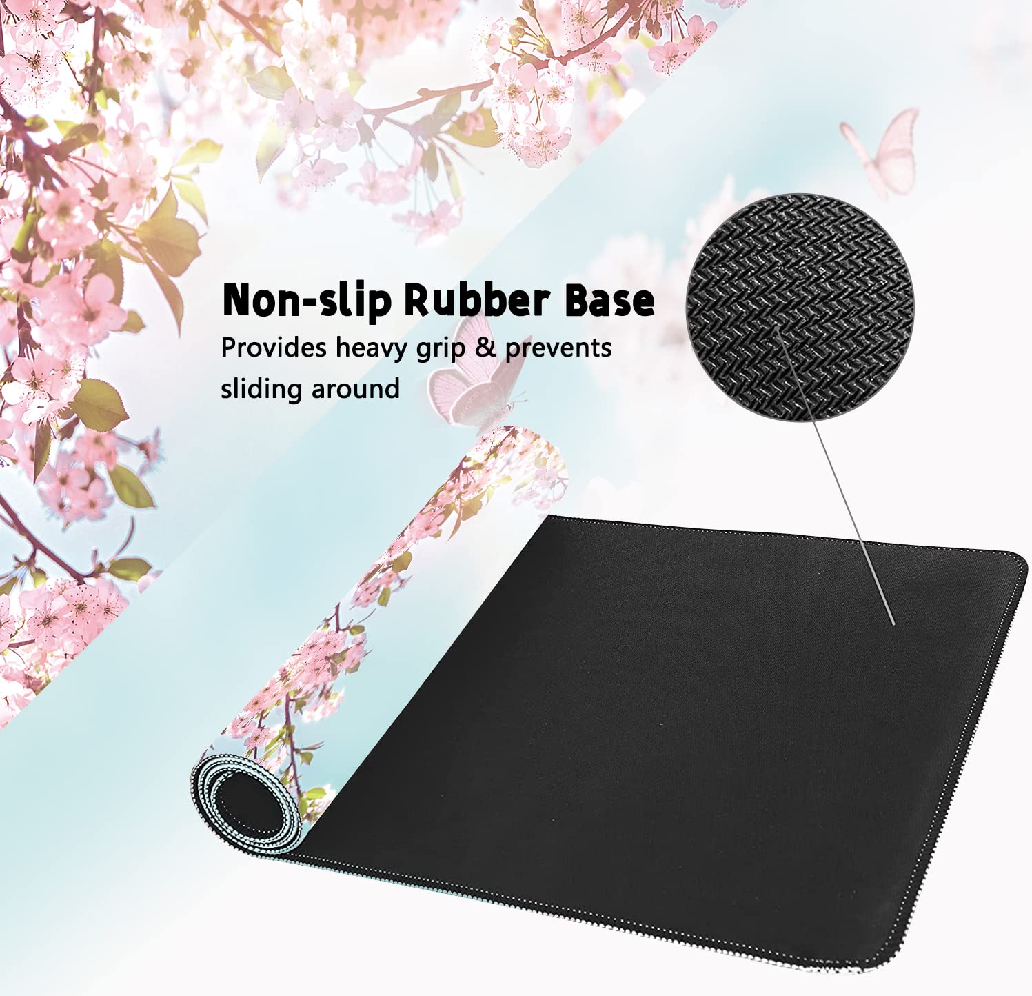 XXL Extended Gaming Mouse Pad - Dreamy Romantic Pink Sakura Butterflies Design, Non-Slip Rubber Base & Stitched Edges (35.4 x 15.7 Inch) - Perfect for Office, Gaming & Home Decor for Women, Girls & Men