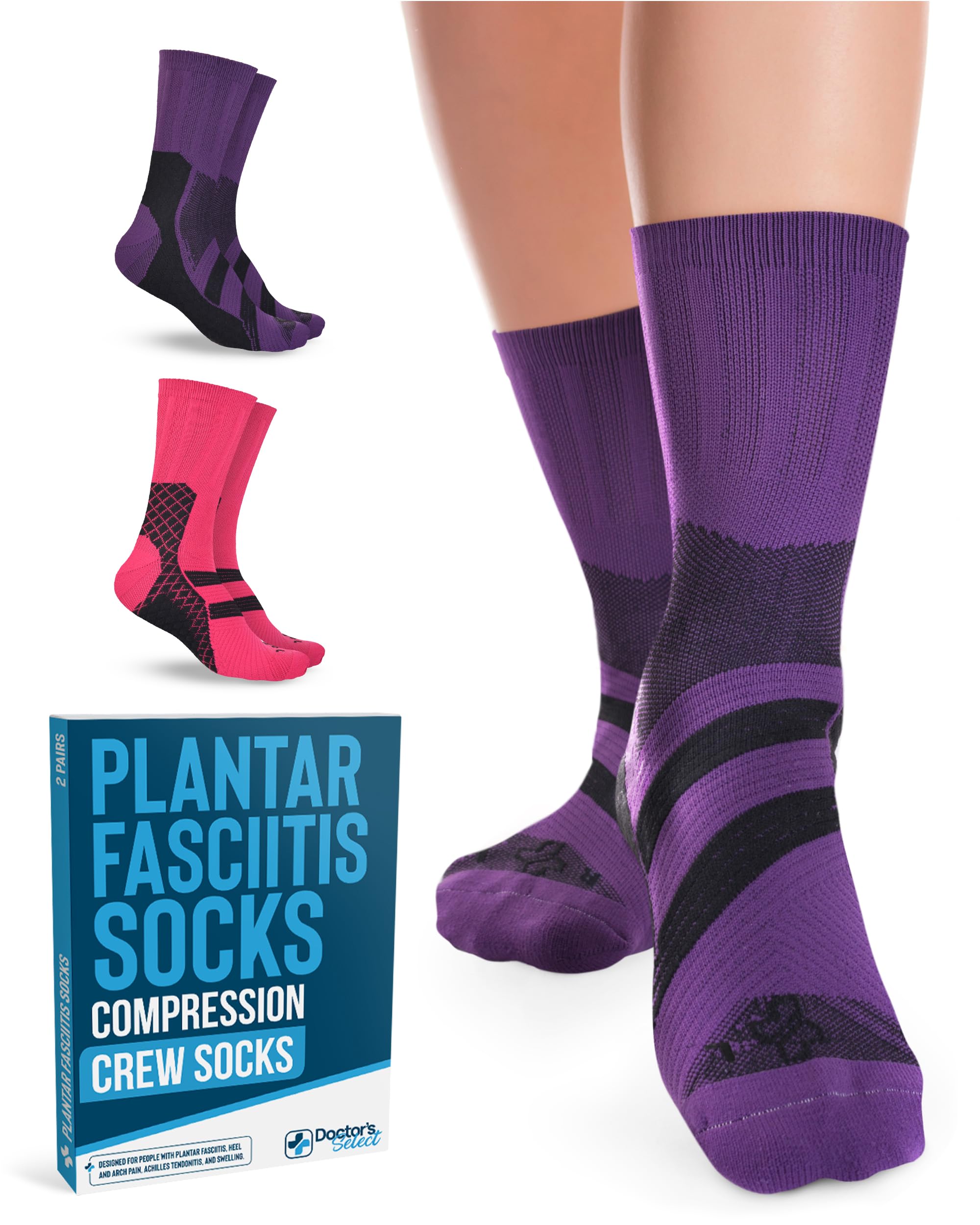 Doctor's Select Plantar Fasciitis Socks - 2 Pairs | Compression Socks for Foot Pain Relief & Arch Support | Plantar Fasciitis Treatment Socks for Running, Walking & Daily Comfort