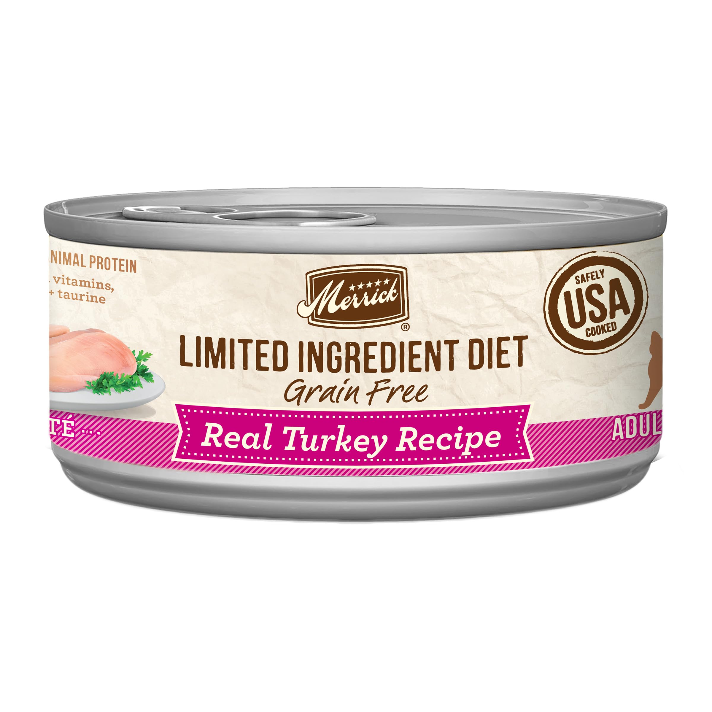 Merrick Limited Ingredient Diet Grain-Free Turkey Recipe Wet Cat Food - Natural Pate Canned Cat Food (24 Pack, 5 oz Cans) for Sensitive Stomach & Allergies - Perfect for Indoor Cats & Picky Eaters