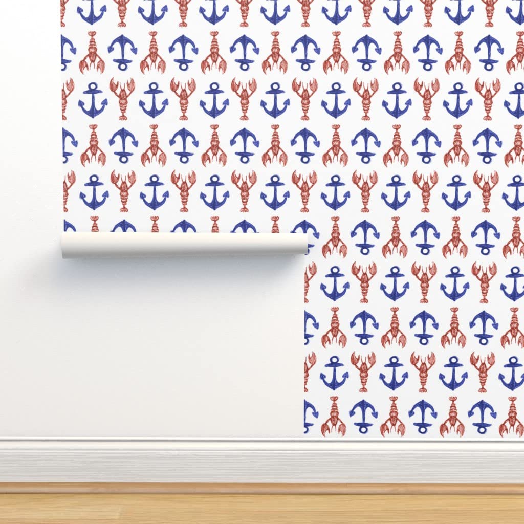 Peel & Stick Removable Wallpaper - 9ft x 2ft Lobster Anchors Nautical Sketch Design | Custom Ocean Animal & Sea Themed Decor for Bedroom, Bathroom, Nursery | Easy DIY Home Decoration by Spoonflower