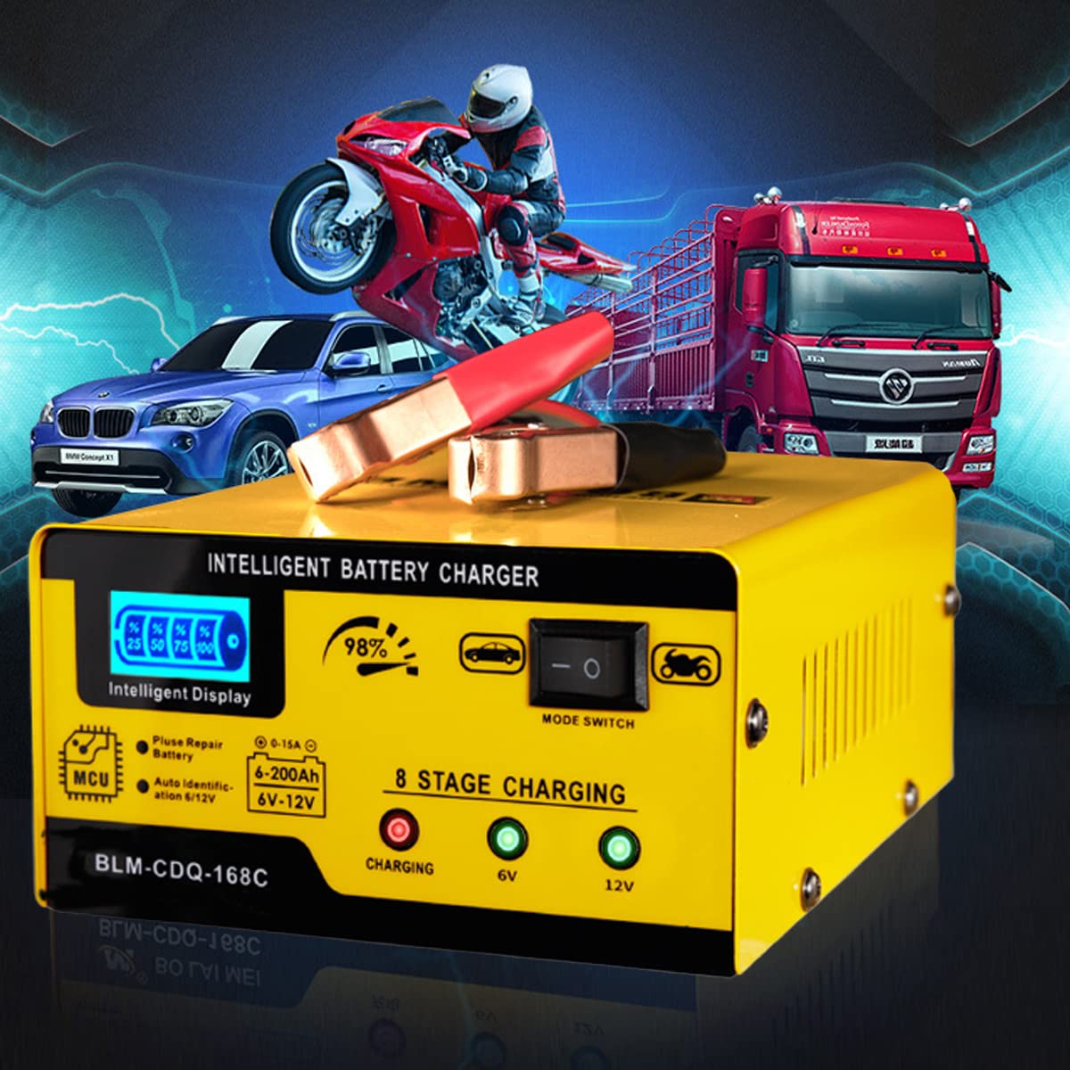 6V & 12V 15A Smart Car Battery Charger Maintainer - Pulse Repair Deep Cycle Charger for Automotive, Motorcycle, Truck, Boat & Lawn Mower Lead Acid Batteries | Ideal for Winter Storage & Vehicle Maintenance